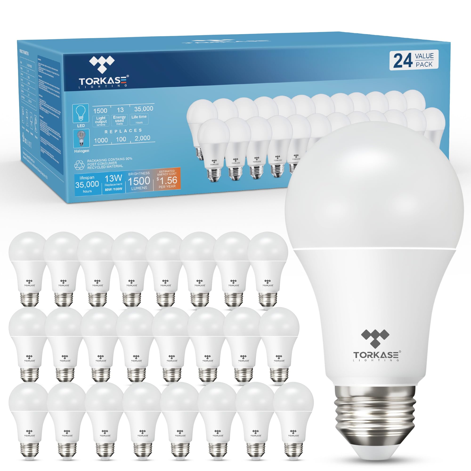 Torkase Light Bulbs, 9-Watt 800LM(60-Watt to 80-Watt Equivalent), Standard A19 LED Bulbs, Non-Dimmable, E26 2700K Soft White,Energy Efficient Frosted LED Light Bulbs,Flicker Free,UL Listed-24-Pack