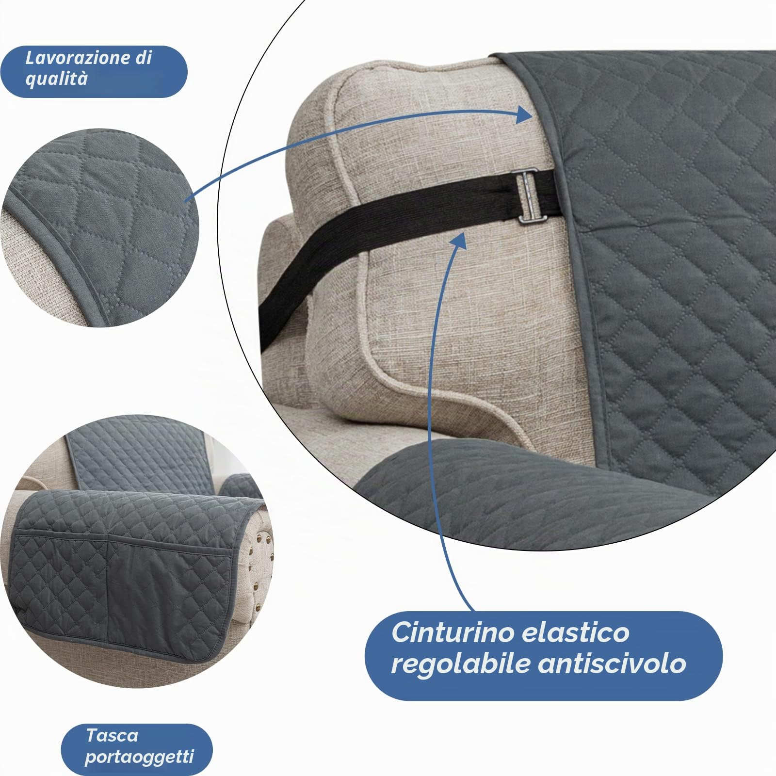 XINEAGE Copridivano 3 Posti, Impermeabile Copridivano Reversibile, Copri Divano Trapuntato con Tasche Laterali, Copridivani Moderno per Cani e Gatti, Grigio Scuro