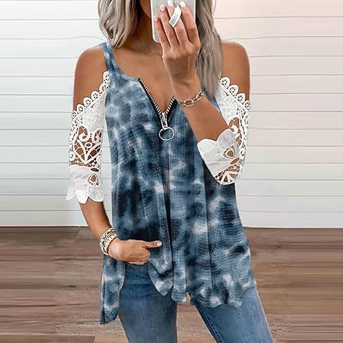 Miniatura 2 de Camisetas de verano para mujer, talla grande, casual, sexy, con hombros descubiertos, de encaje, manga corta, con cremallera, cuello en V, blusa