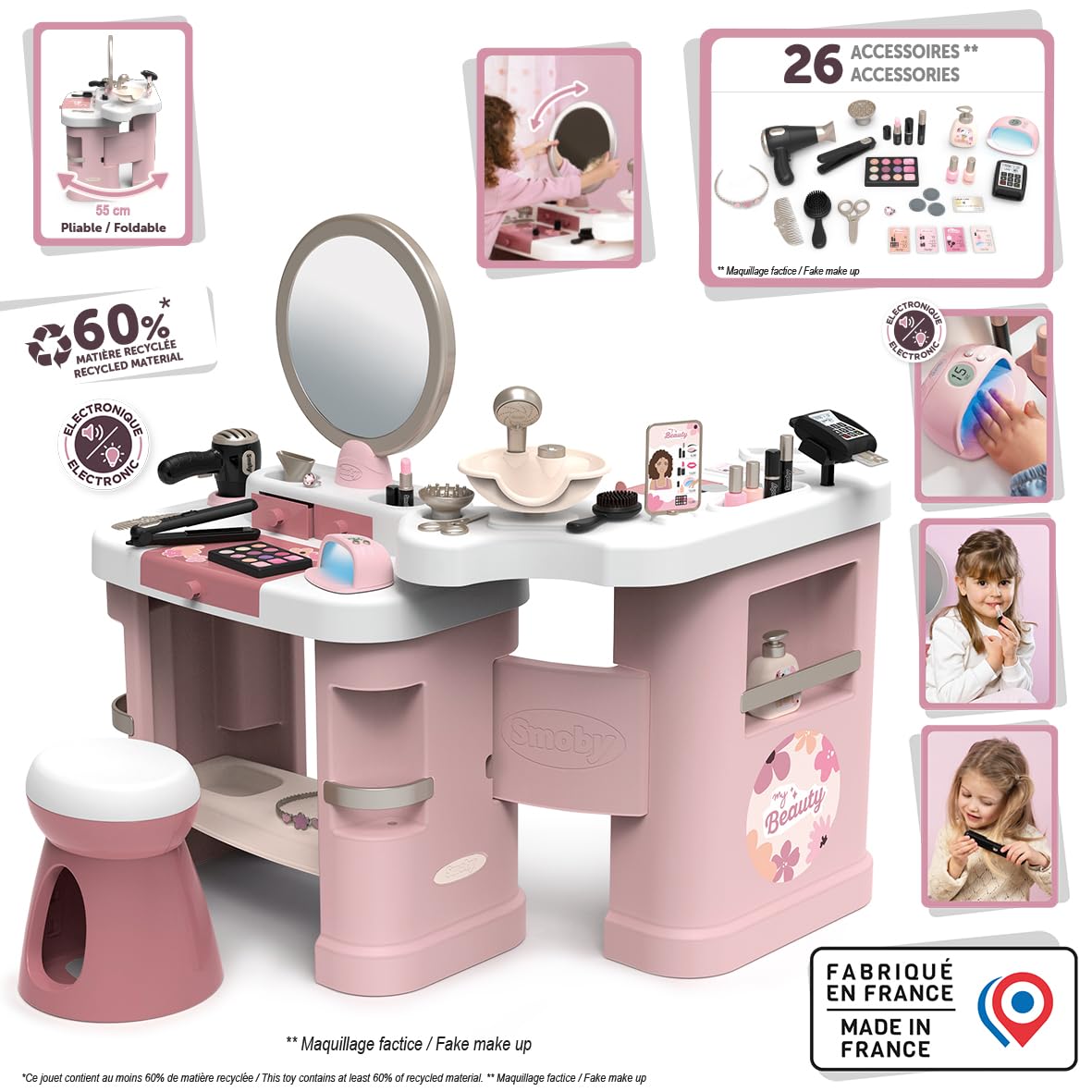 Smoby - My Beauty Center - 3 w 1 Beauty Institute - Fryzjerstwo, Salon paznokci, Sztuczny makijaż - 26 akcesoriów - Materiał z recyklingu - Od 3 lat - Wyprodukowano we Francji
