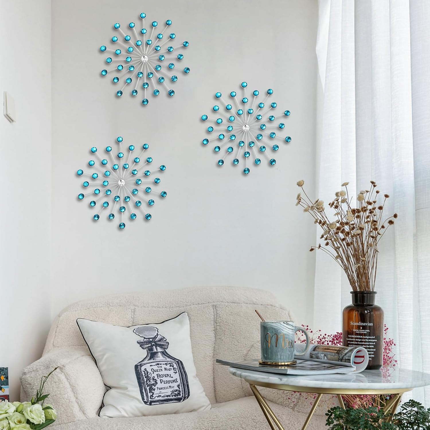 DXYAKY Set of 3 Blue Metal Starburst Wall Art Decor, Rhinestone Crystal Home Decor Accents, 9.8 Inch Decorative Wall Hanging Diamond, Jeweled Sparkle Wall Sculptures for Living Room Bedroom - Image 6