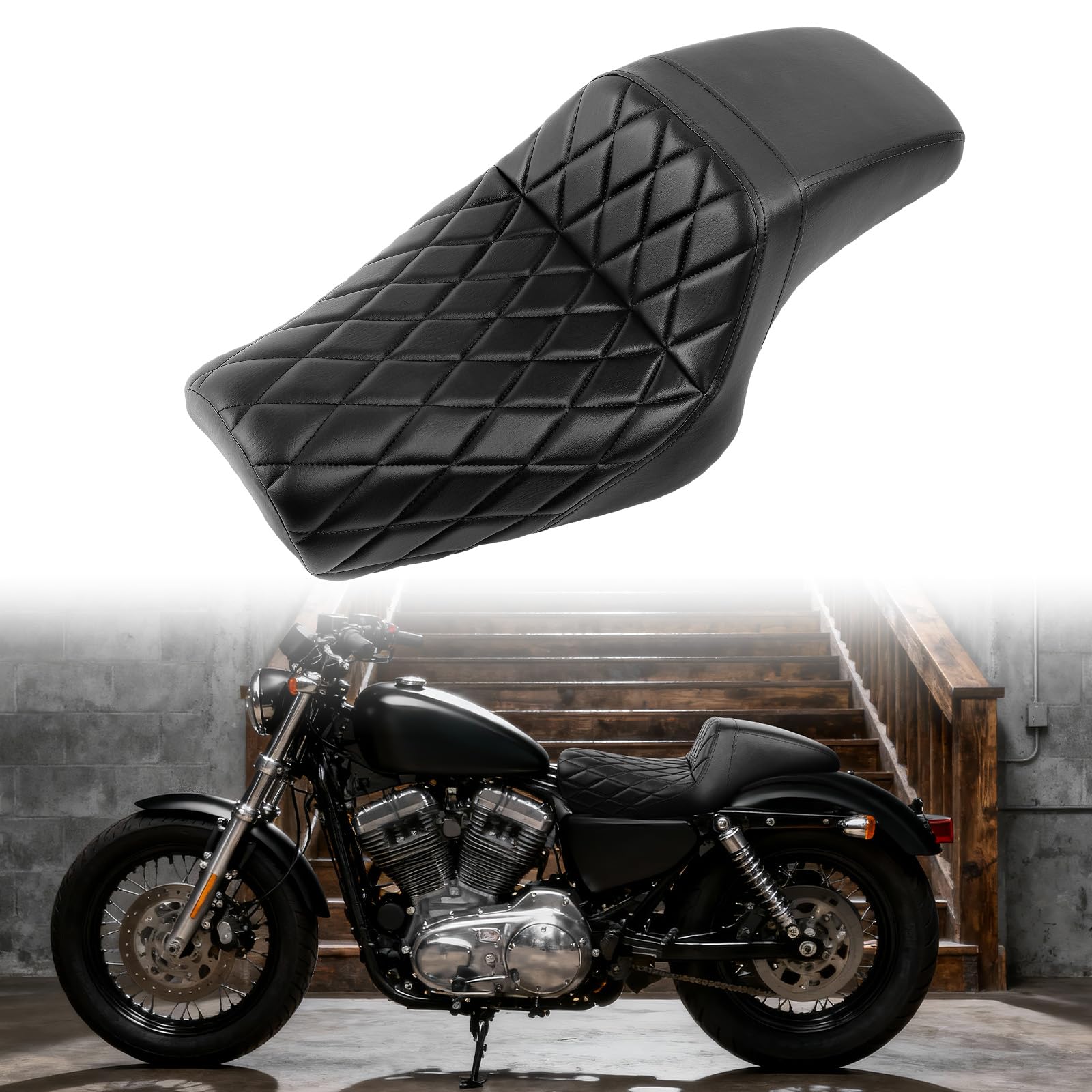 DREAMZIER Motorcycle Seat, One-Piece Two-Up Seat Compatible With Harley Sportster XL883 XL1200 X48 (2004-2006, 2010-2022), Front Rear Driver Passenger Seat for 3.3-4.5 GAL