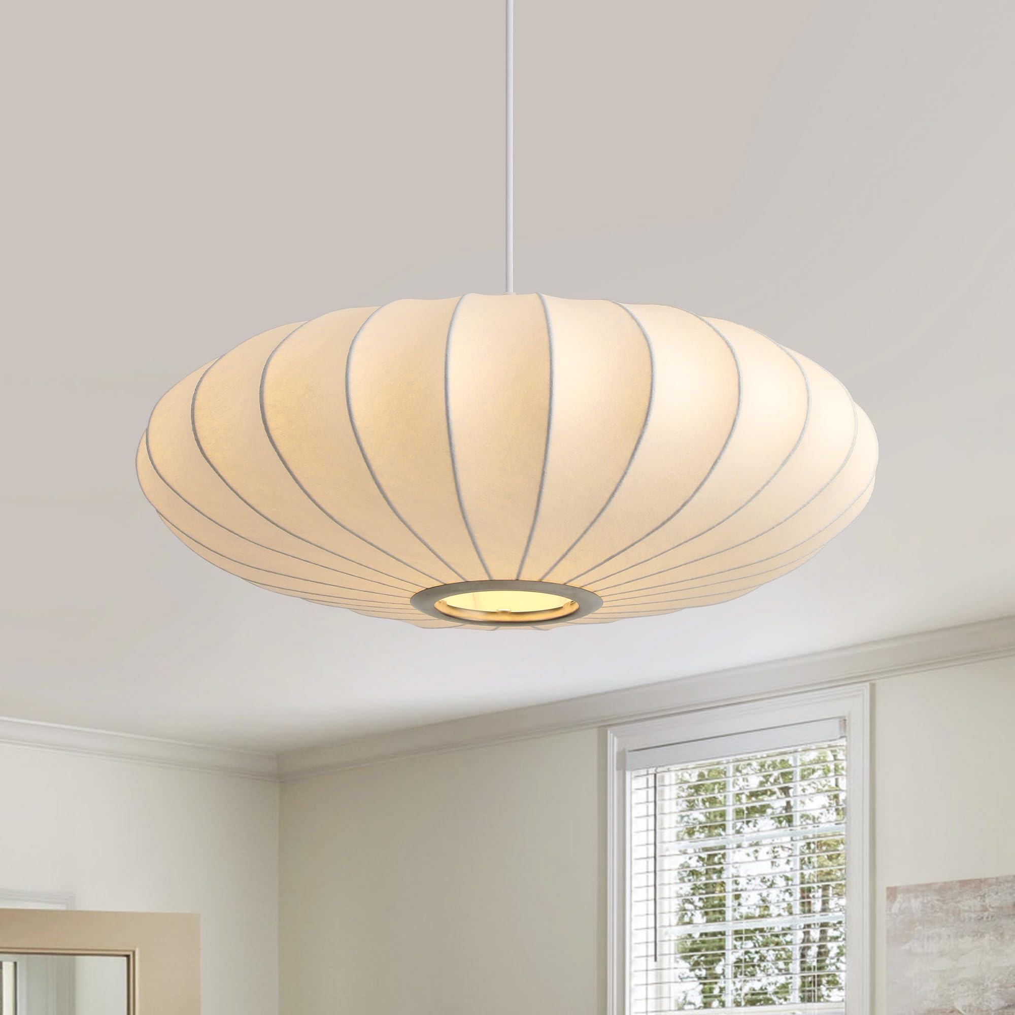 Fivemengo 20 Inch Lantern Pendant Light, White Imitation Silk