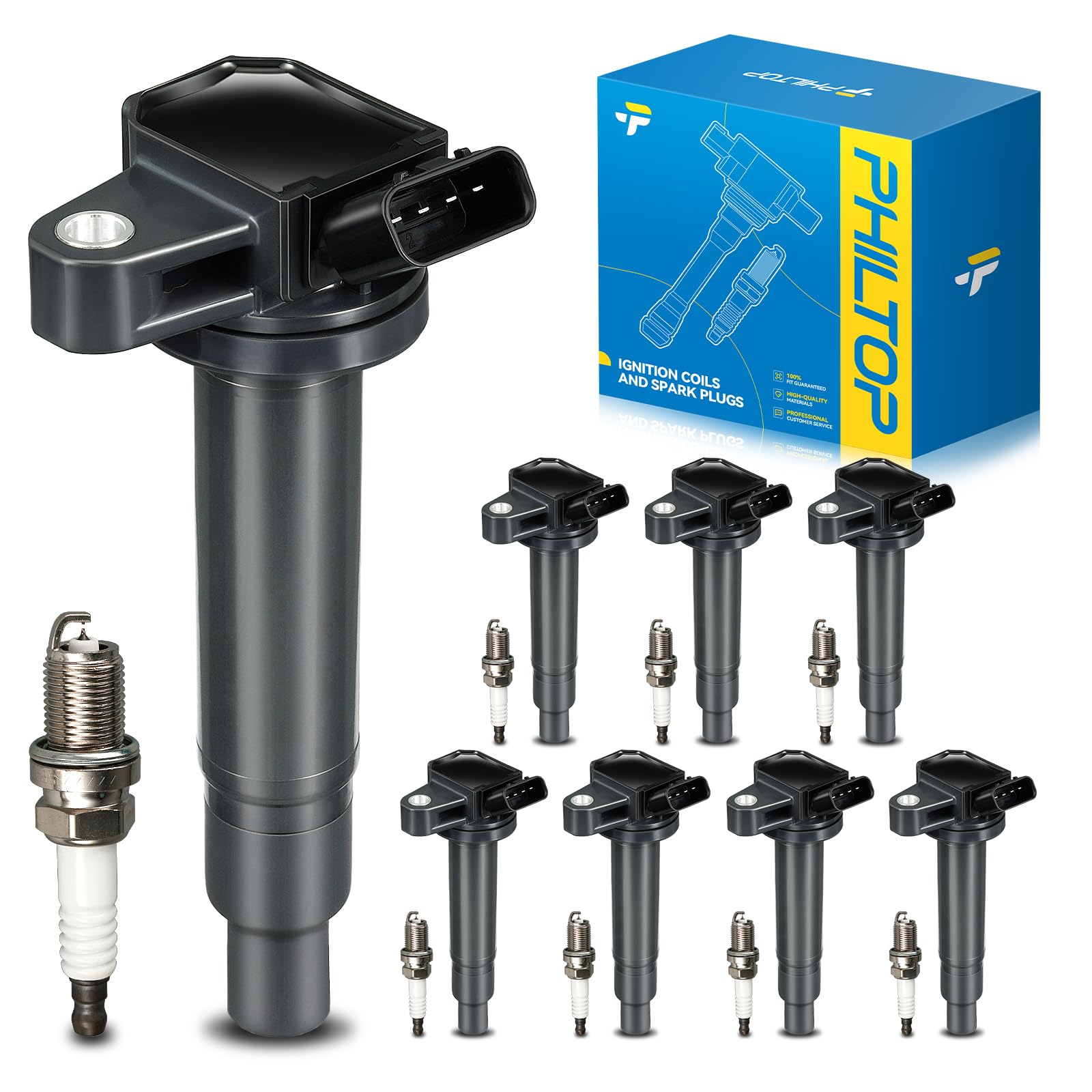PHILTOP Ignition Coil Pack and Spark Plugs Fits for Toyota 2005-2009 Tundra 4.7L, 2003-2009 4Runner 4.7L, Toyota 2005-2007 Sequoia, Lexus 2003-2009 GX470, 2001-2006 LS430, 8PCS UF230