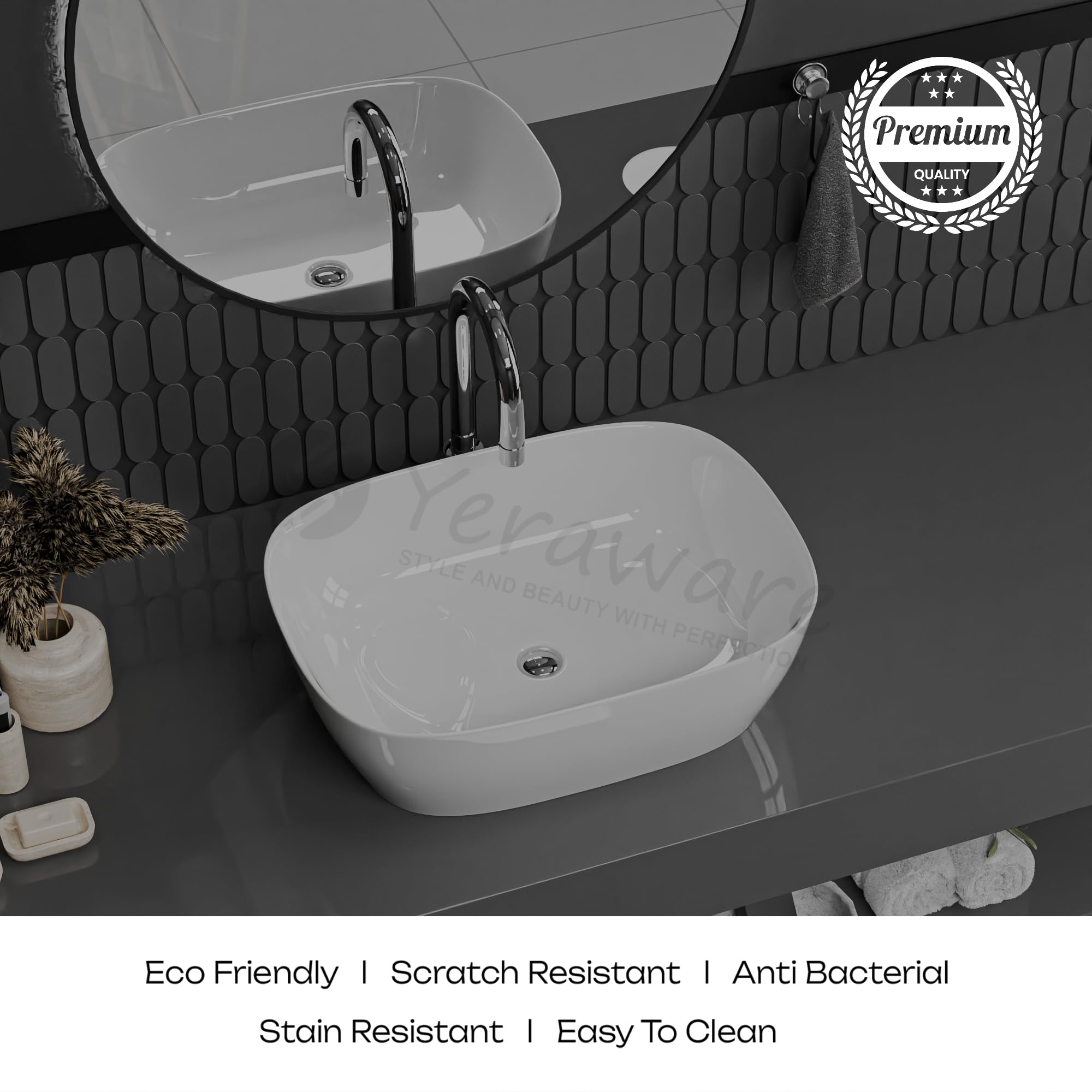 YERAWARE Premium Ceramic Wash Basin for Tabletop & Countertop β Elegant Sink for Bathroom, Living Room, Hotels, Office & Restaurant (16 x 12 x 5 Inch) (Glossy White) 3
