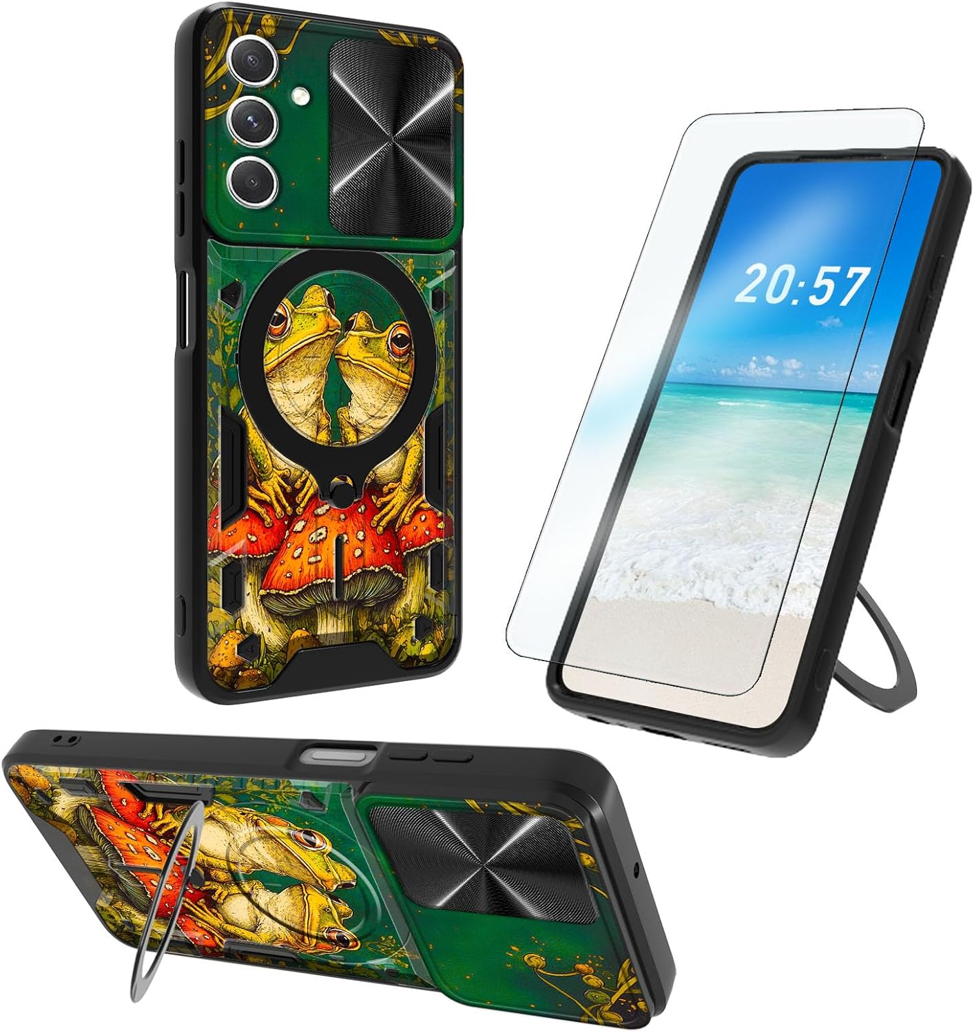 for Galaxy A15 5G Phone Case, 360 Degree Rotating Ring-Shaped Kickstand, Slide Camera Lens Cover, Frog Sitting on Mushroom Shockproof Protective Case for Samsung Galaxy A15 5G