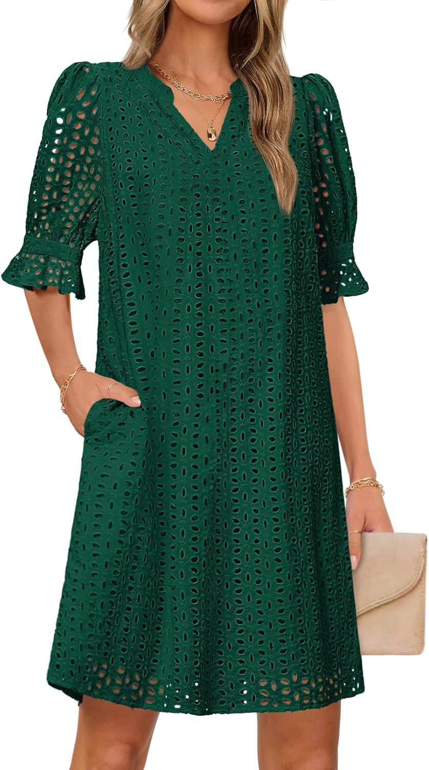 MEROKEETY Women's 2026 Summer Short Sleeve Mini Dress V Neck Ruffle Hollow Out Eyelet Lace Dresses