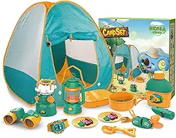 Conjunto de barraca de acampamento para crianças | Barraca de brinquedo pop-up com ferramentas de equipamentos de acampamento, inclui tenda de acampamento infantil, fogueira de acampamento, lâmpada de óleo, comida de conta para idades 3+ Xiaoguozi