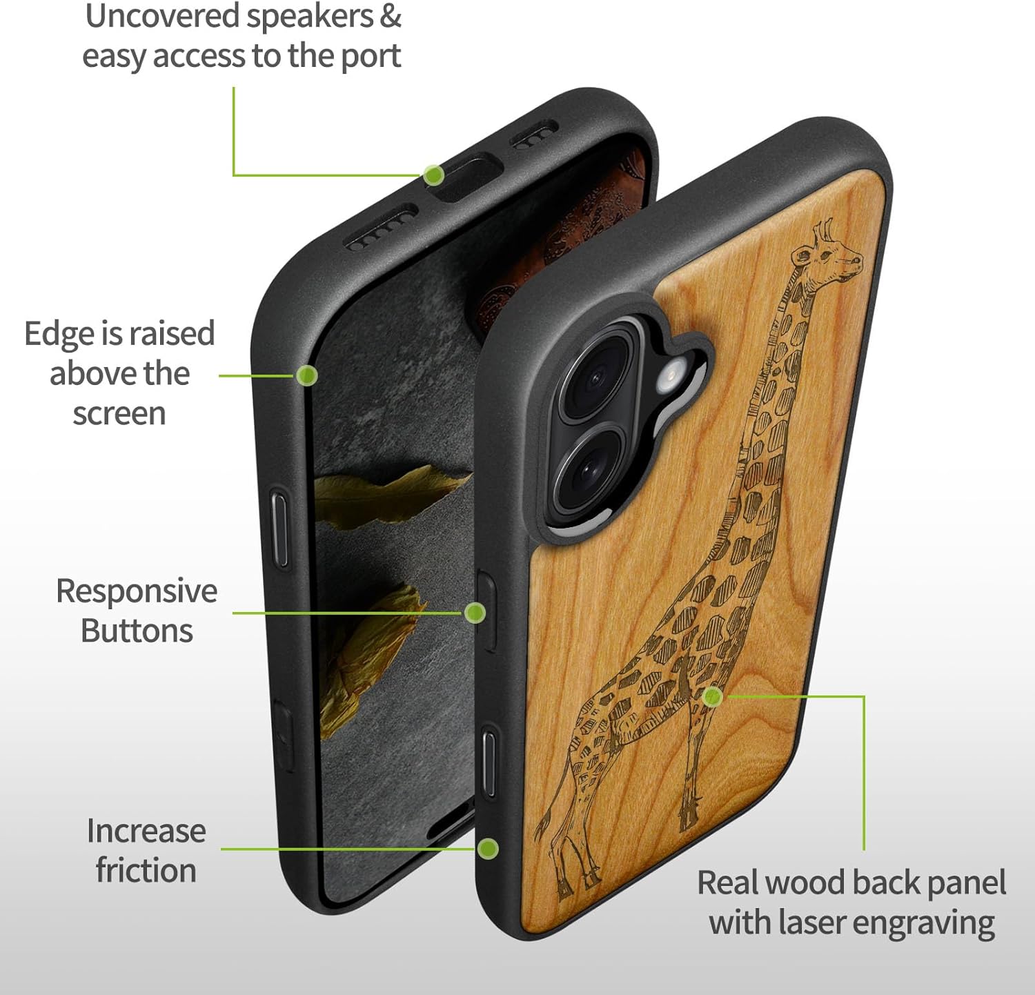 Carveit Magnetic Wooden Case for iPhone 17 Case, Wood Artisan Engraved & Black Soft TPU Shockproof Cover, Compatible with MagSafe Wireless Chargers (Hand-Drawn Giraffe) Cherry