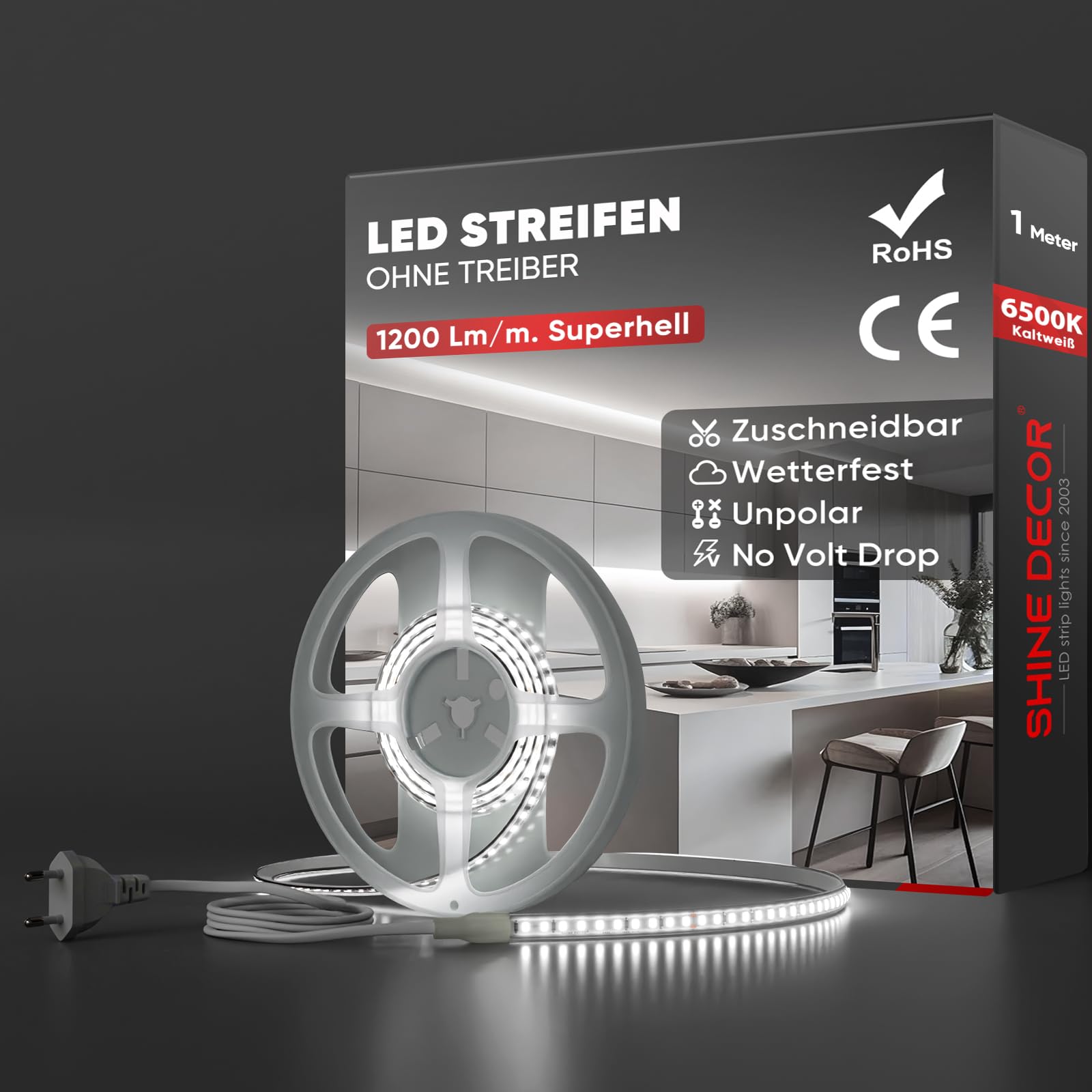 Shine Decor LED Streifen, AC 220V 230V IP65 Wasserdicht LED Band, SMD 2835 120 leds/m Ultrahohe Helligkeit Lichtleiste für Home Decoration Küche Garten LED Beleuchtung