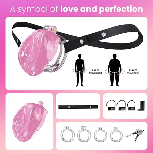 Miniatura 7 de Jaula masculina realista dispositivo de vagina ABS de goma suave con cinturón, 4 tamaños de anillos, juguetes para adultos para hombres (rosa)