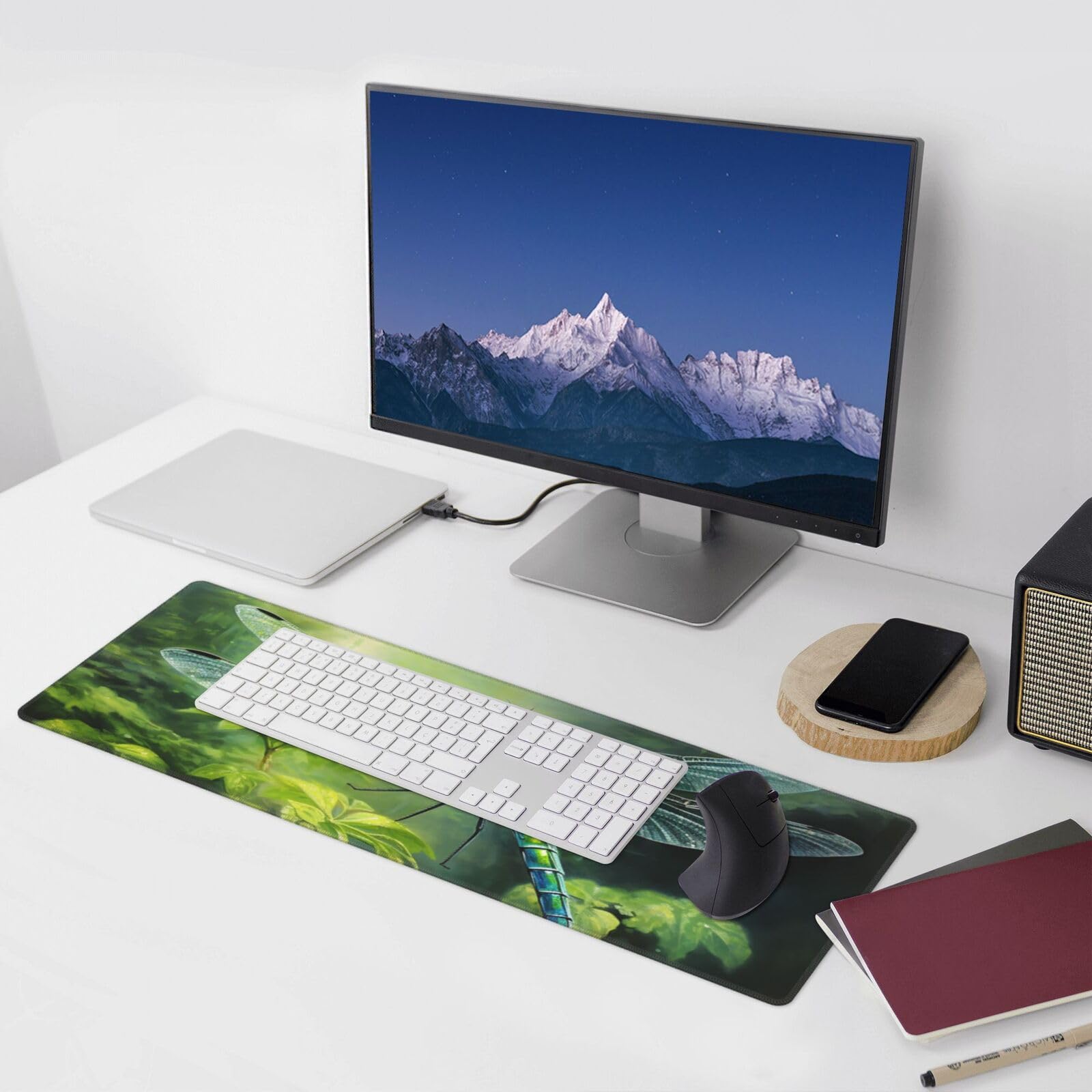 Famame Laptop Mouse Pad Green Dragonfly on Leaves Desk Mat with Stitched Edges 31.5X 11.8 inch Non-Slip Large Keyboard Rubber Writing Table Mat for Office Home 3