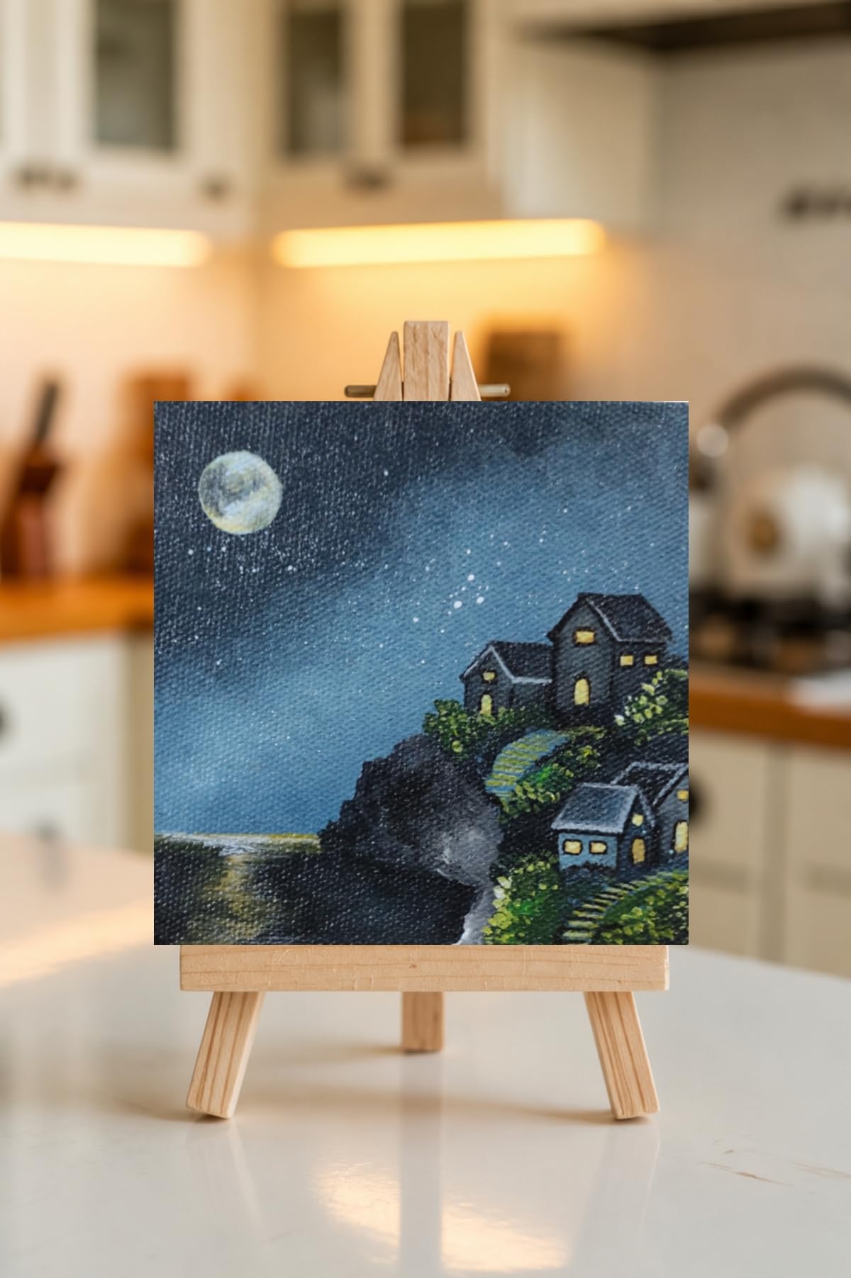 Mooon and land scape,Mini Acrylic Painting with Wooden Easel Stand, 4x4 Inch | Night Sky Landscape, Canvas Art, Tabletop Display, Handcrafted, Home Decor-picture-40