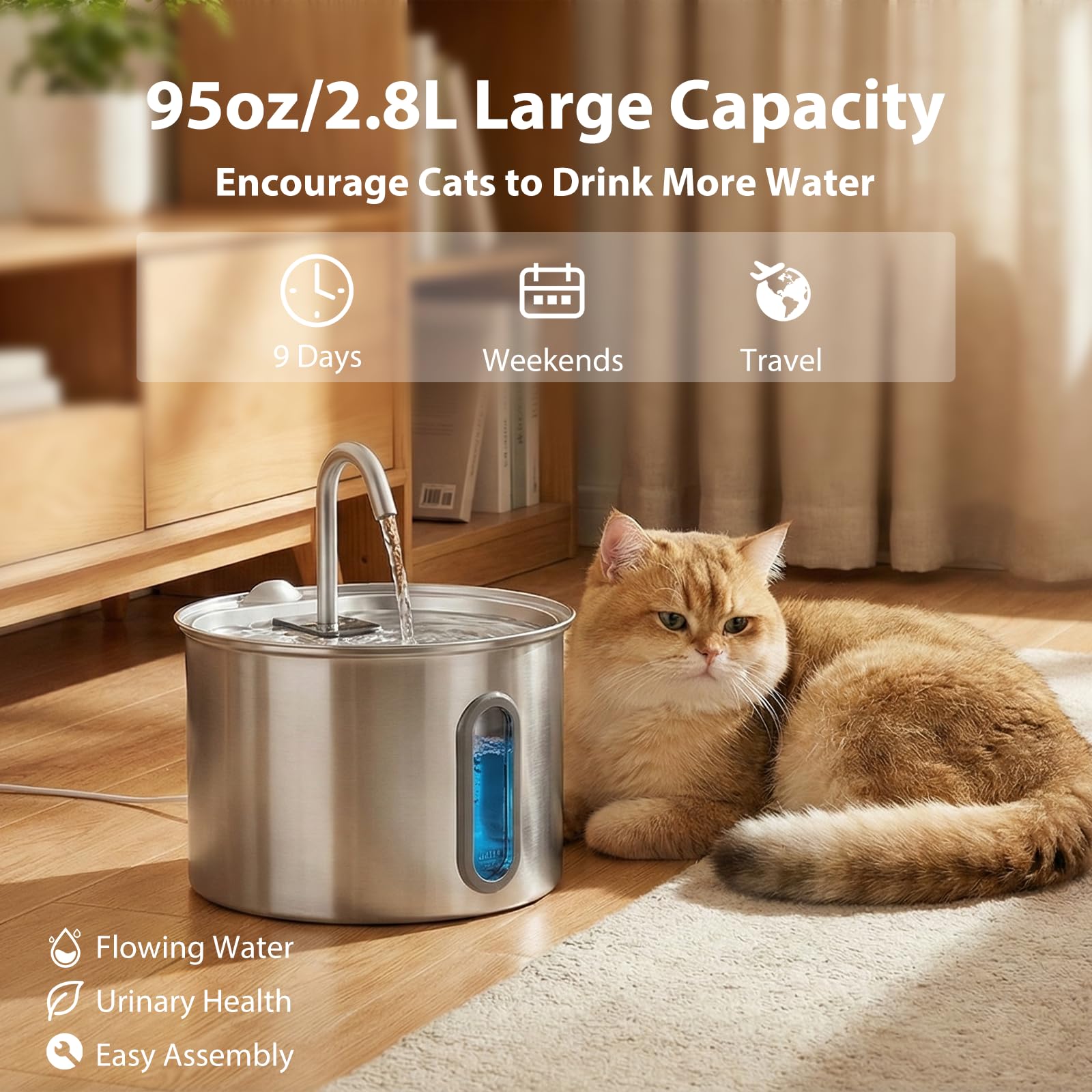 304 Stainless Steel Cat Water Fountain - 2.8L/95oz Quiet Electric Pet Water Fountain with Multi-Stage Filtration, Easy to Clean & Assemble (Pet Water Fountain+1 Filter) - image 2
