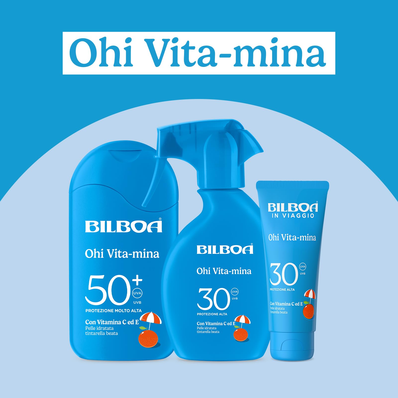 Bilboa, Ohi Vita-Mina, Latte Solare SPF 50+, Crema Solare con Vitamina C, Vitamina E e Niacinamide, Ideale Contro Rughe e Macchie, Resistente all'Acqua, 200 ml