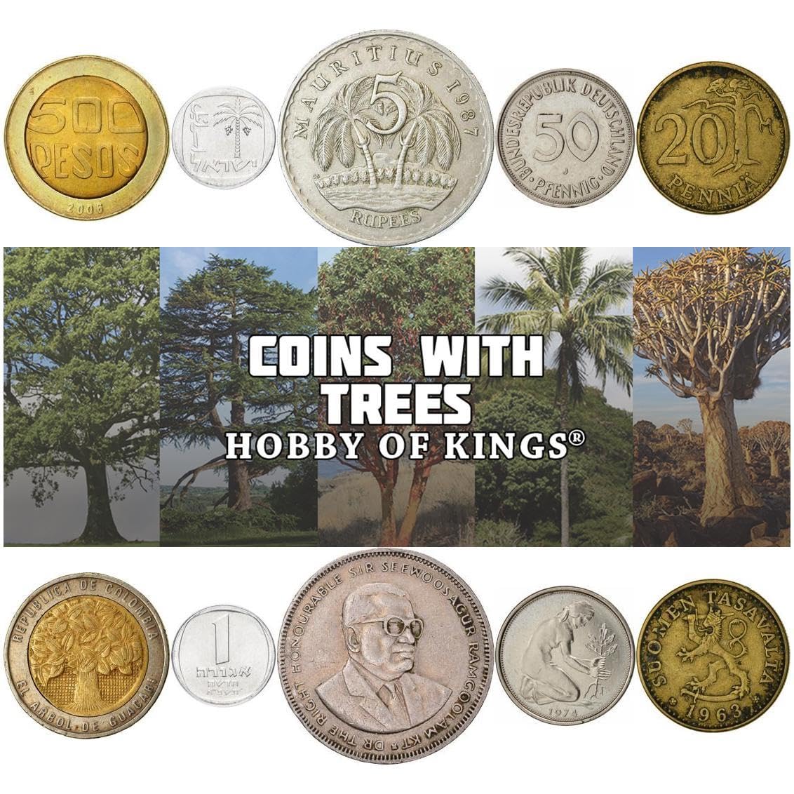 5 Different Coins with Trees - Authentic Circulated World Coin Collection - Featuring Palm, Oak, Fig, Cedar and More