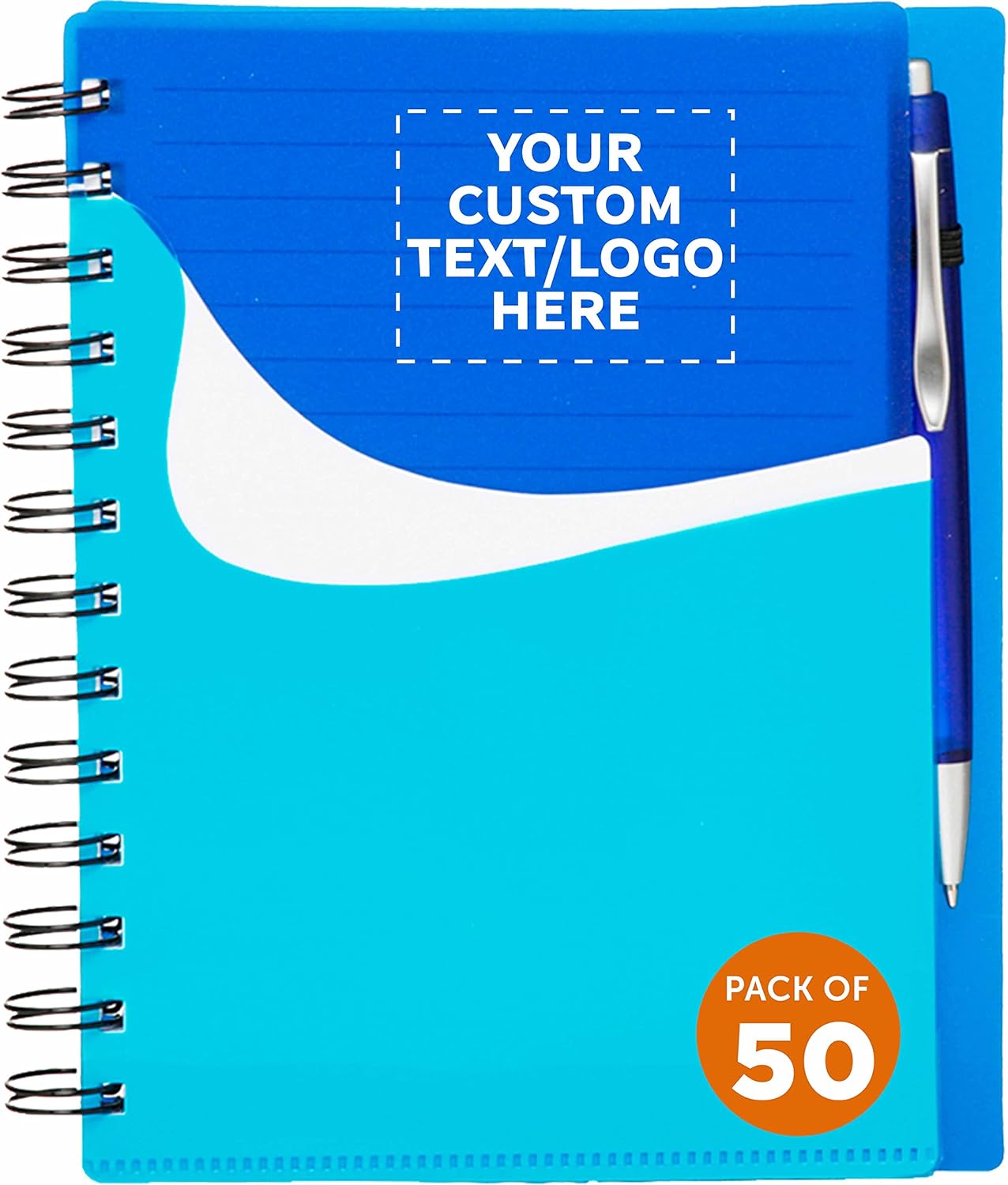 DISCOUNT PROMOS Custom Spiral Notebooks with Front Pocket Set of 50, Personalized Bulk Pack - Durable Plastic Cover, Includes Matching Pen in Blank Ink, Perfect for School, Office, Home - Black
