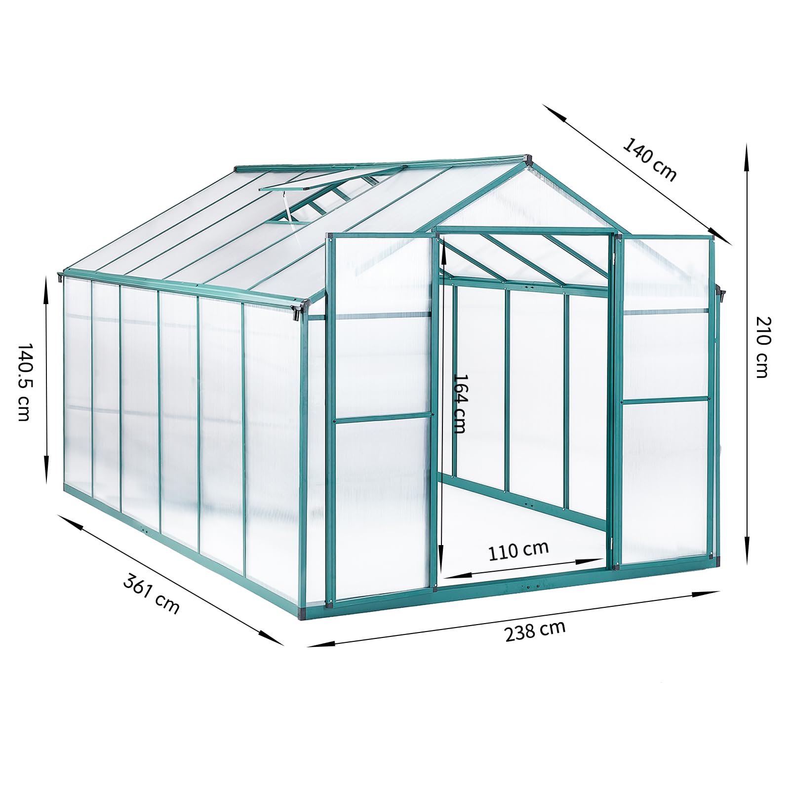 Gewächshaus Aluminium mit Fundament 361x238cm - 8,59m² Tomatenhaus winterfestes Gewächshaus in Grau - stabiles Gartengewächshaus für Balkon & Garten (Grün, 361*238*210cm)
