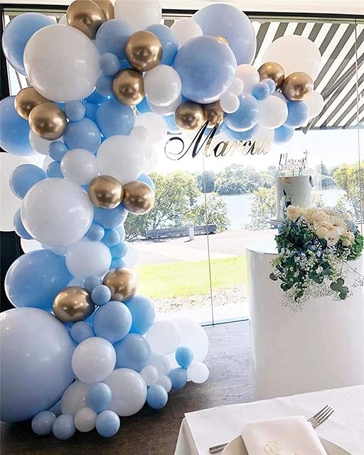 Blue Balloon Garland Arch Kit, Blue White Gold Chrome Balloon Arch with for Baby Shower Wedding Birthday Party Decorations