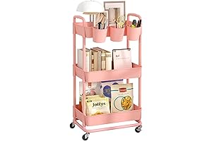 JIUYOTREE 3-Tier Pink Rolling Storage Cart