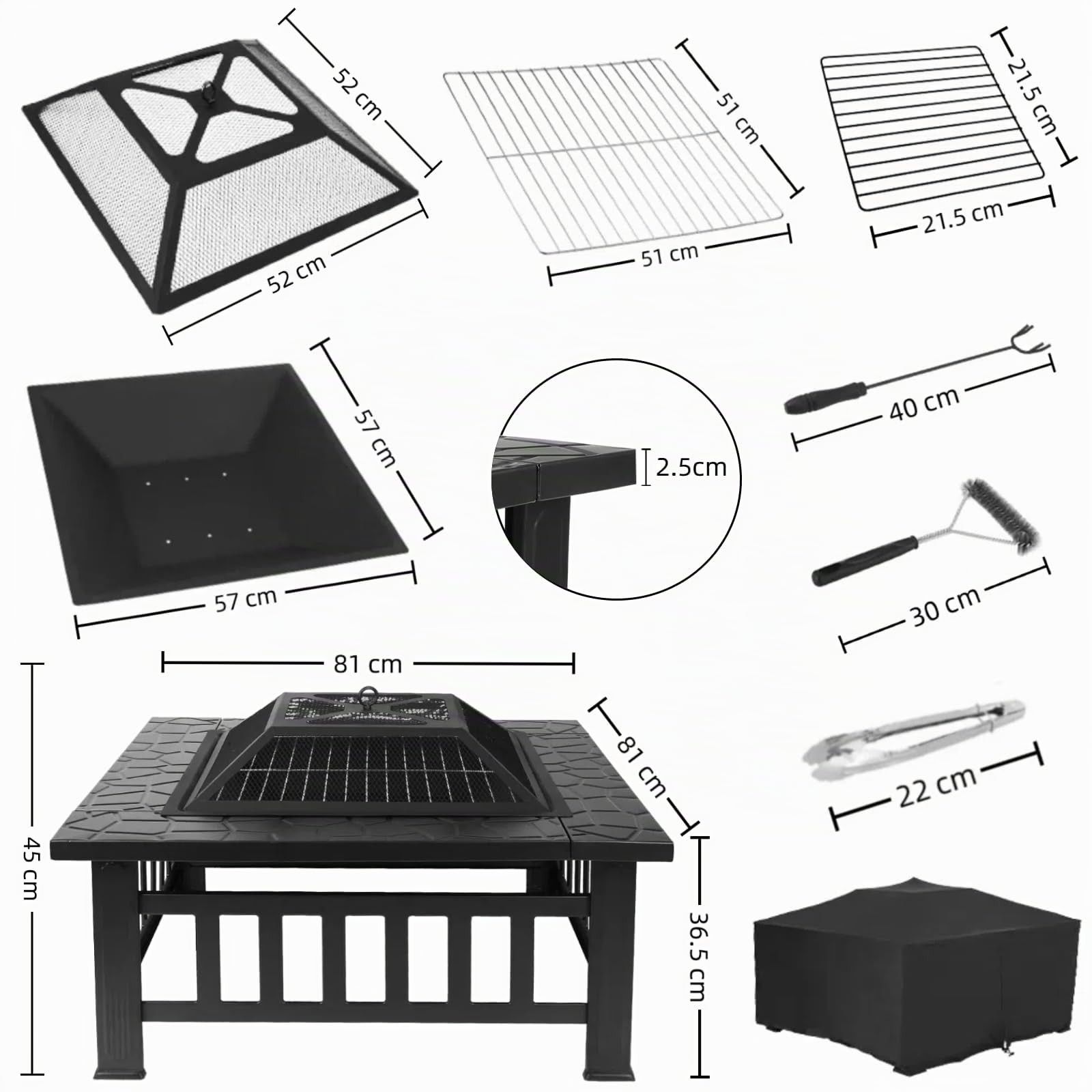 TLSUNNY Brasero Extérieur 3 en 1,Brasero Barbecue Carré avec Grille 81cm