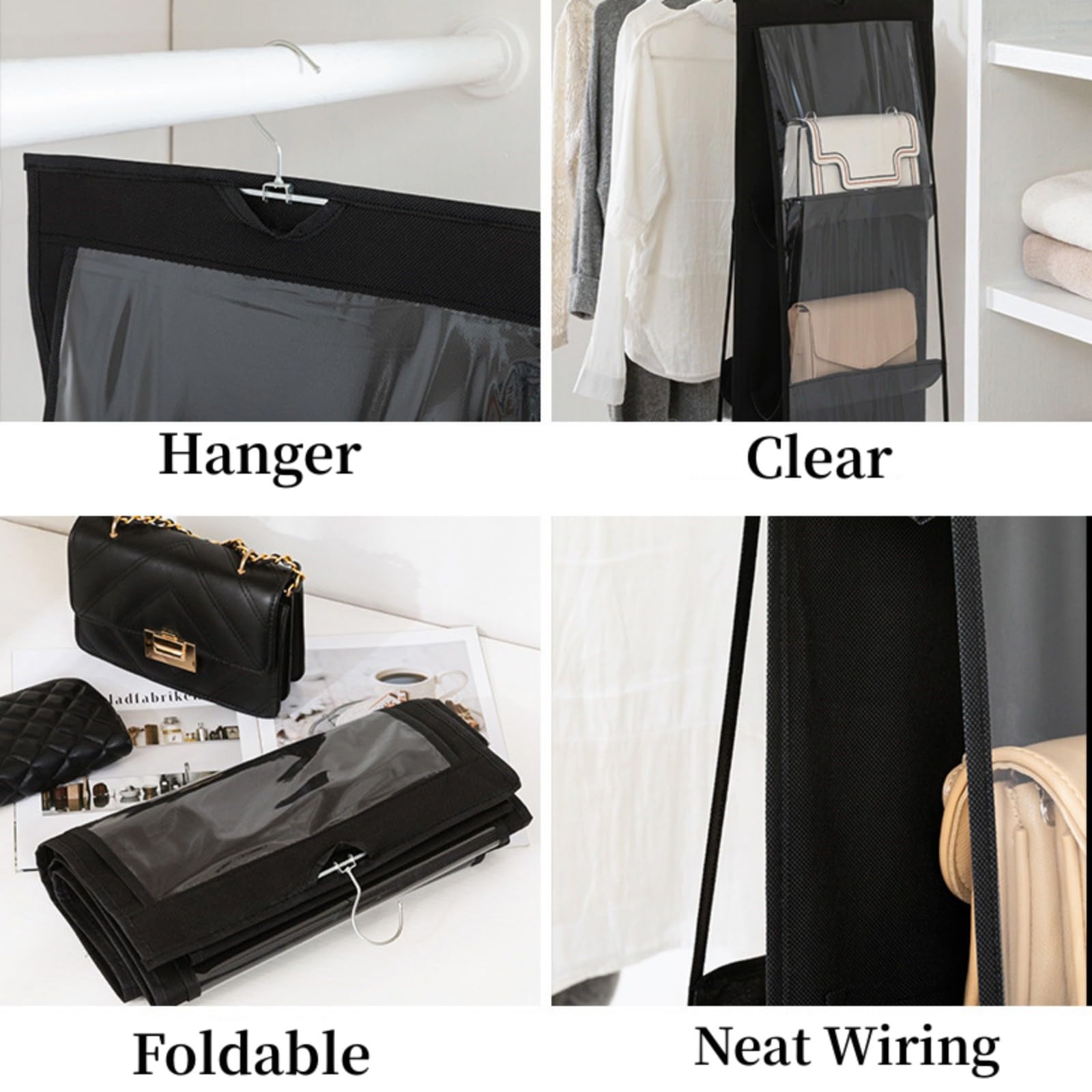 HAN SHENG 2 Stück 10 Taschen Hängende Geldbörse Handtasche Organizer Transparent Regal Handtasche Sammlung Aufbewahrung Halter Kleiderschrank Schrank Platzsparende Organizer (Schwarz)