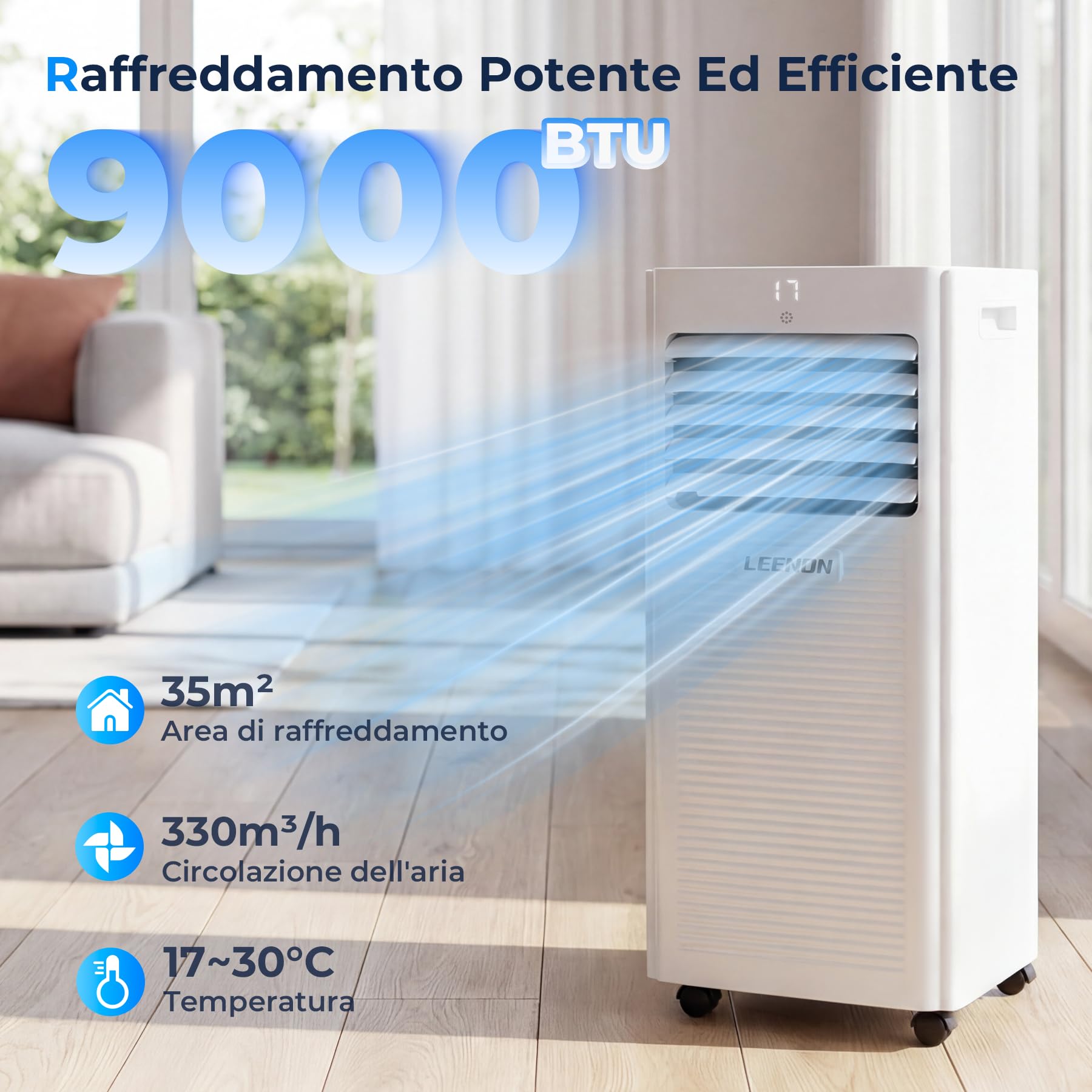 LEENON 9000 BTU Condizionatore Portatile, 4 in 1 Climatizzatore Portatile Deumidificatore Ventilazione e Modalità Sonno, Aria Condizionatore mit Telecomando, Timer 24 Ore, Kit Tubo di Scarico (35 m²)