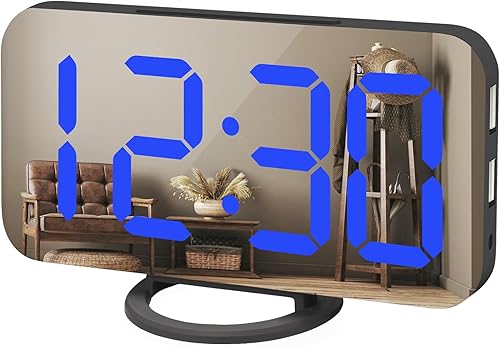WulaWindy Reloj despertador digital gran pantalla LED espejada con cargador USB función de repetición modo tenue para colgar en la pared junto al