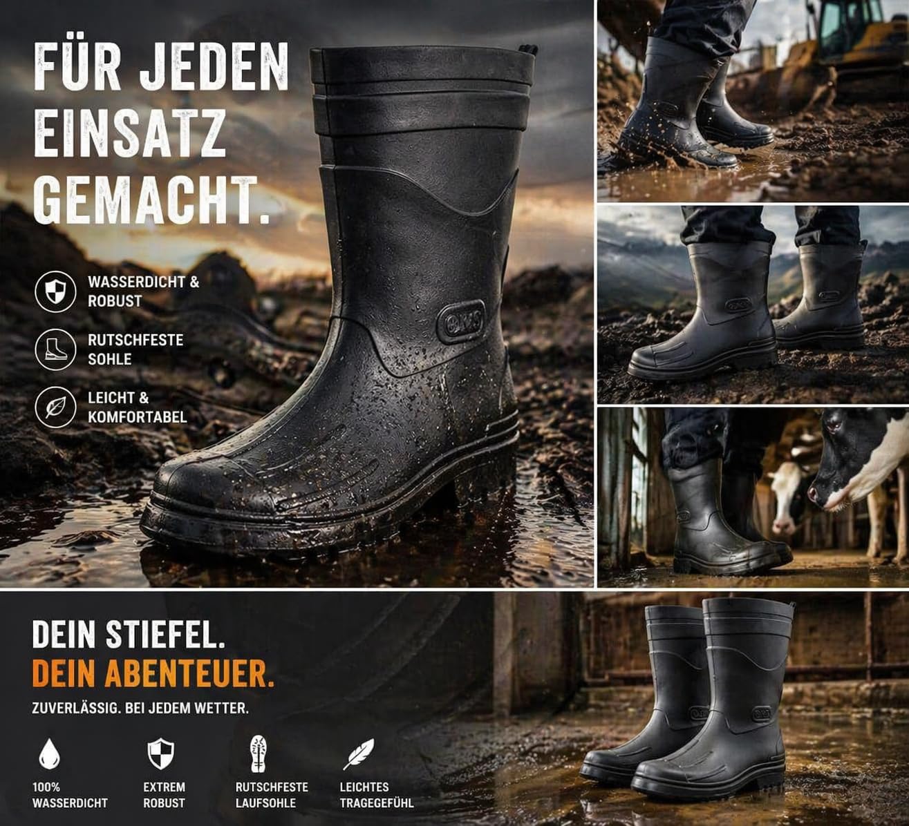 MADSea Gummistiefel Nordic Herren Jungen Regenstiefel schwarz/schwarz