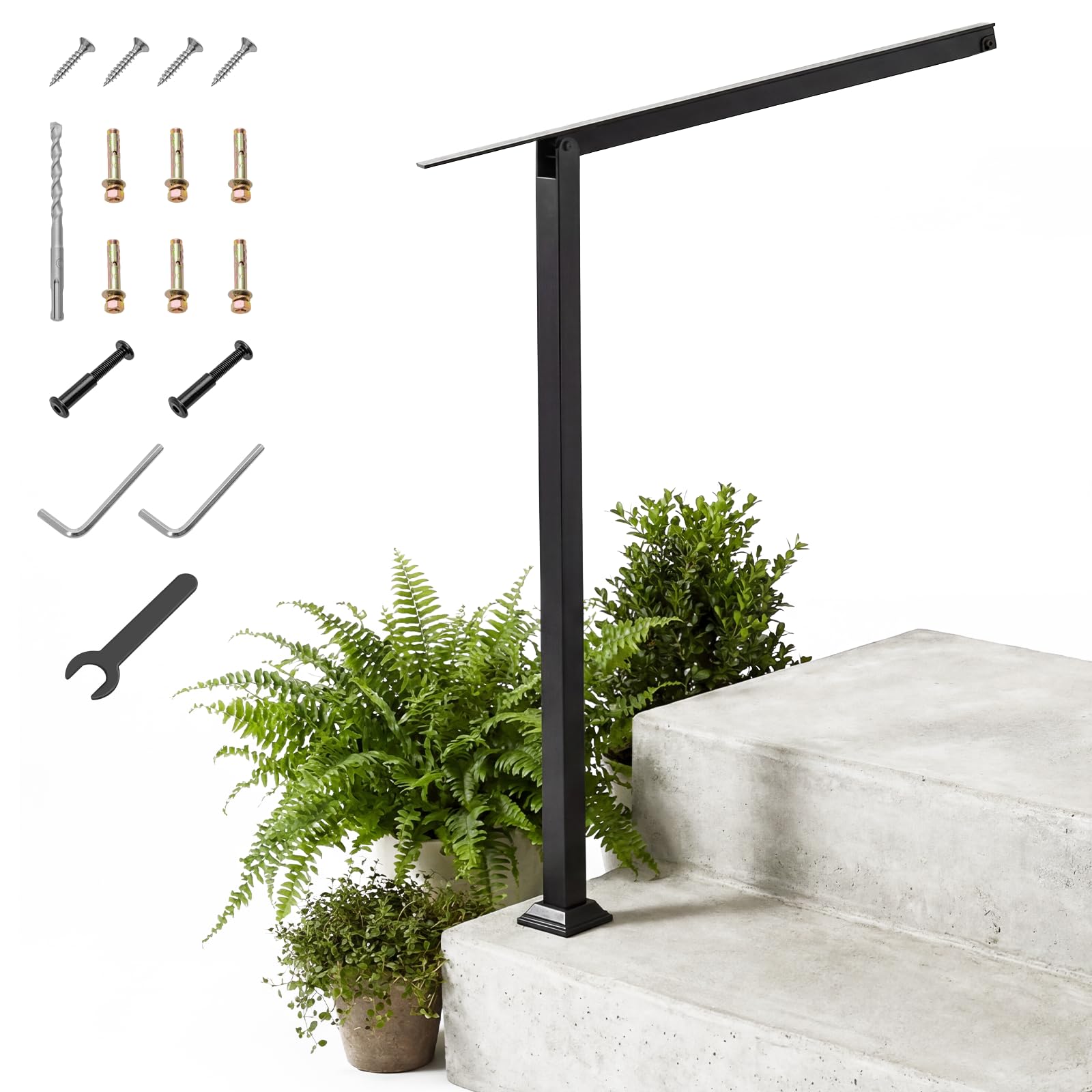 TANGZON Outdoor Handrails for Steps, Fit 1-2/3/4 Step Stair Rail Kit with 42°/45° Adjustable Angle, Steel Support Rails for Seniors, Concrete Deck Stairs (1 to 2 Steps, 45° No Additional Crossbar)