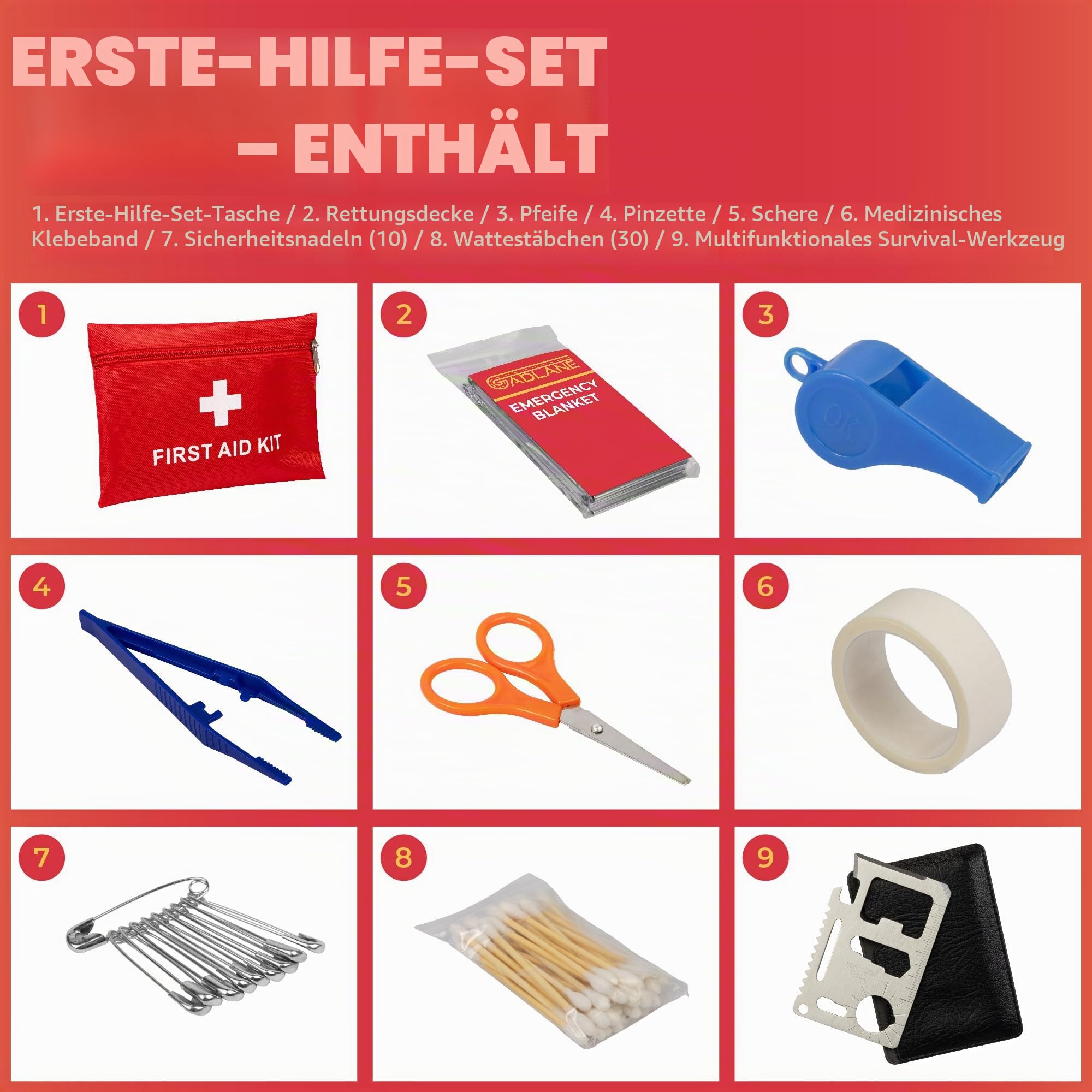 GADLANE Auto Panne Notfall Kit - Großes Auto Notfallset am Straßenrand mit Warndreieck, Starthilfekabel, Abschleppseil, Erste-Hilfe-Set