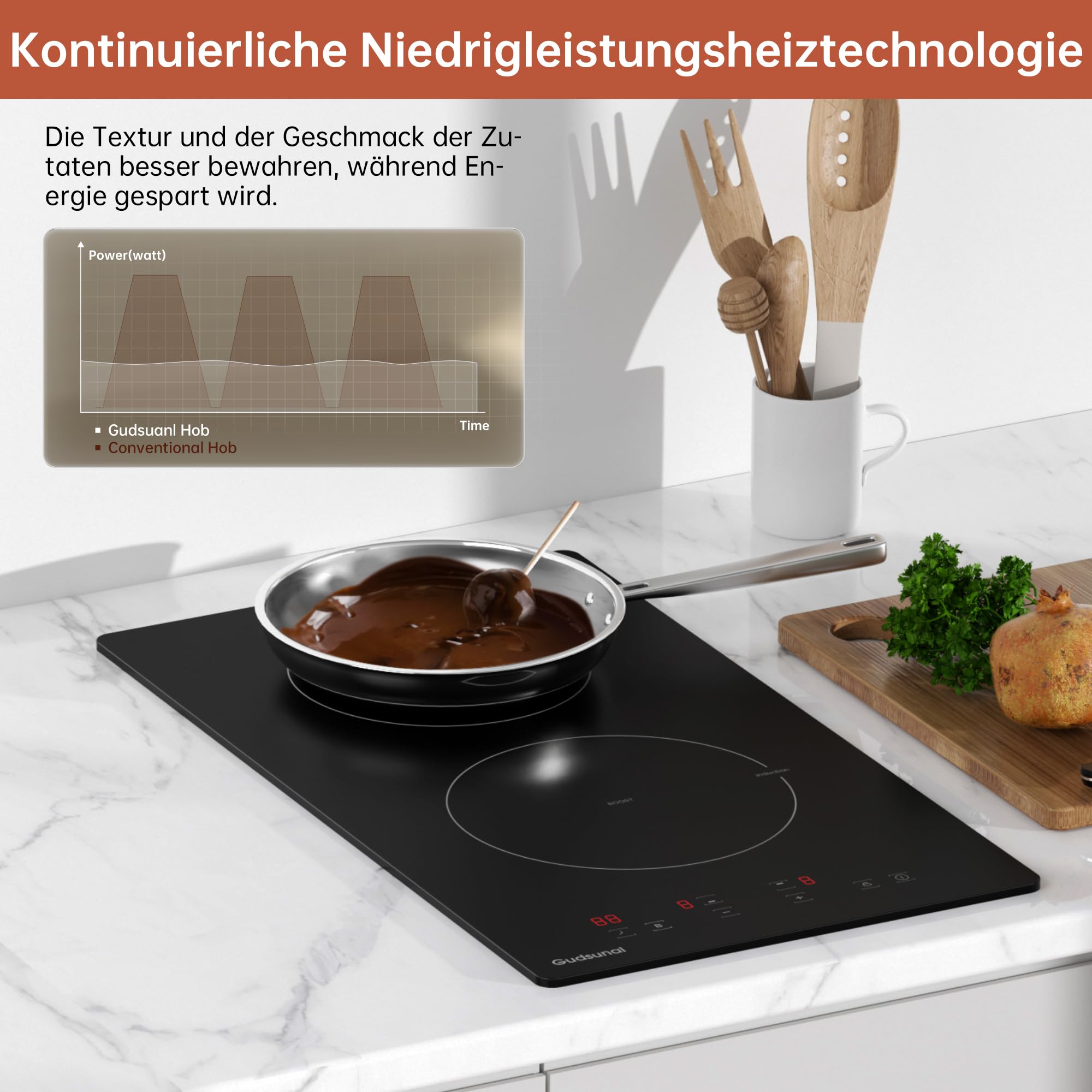 Induktionskochfeld, Kochfeld 2 Platten Einbau, 3600 W, kontinuierliche Niedrigleistungsheizung, Booster, 9 Leistungsstufen, Timer, automatische Abschaltung, Kindersicherung, Topferkennung