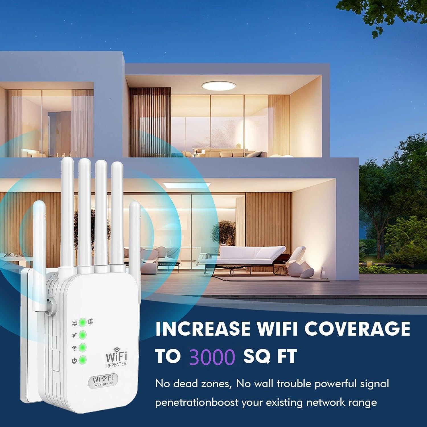 Amplificador Señal WiFi con 6 Alta Ganancia Antenas Repetidor WiFi Largo Alcance con 300Mbps WiFi Extender 2 Puertos LAN Cobertura hasta 400 m² Instalación Acción Router/Ap Modos para hogar Oficina — view 3