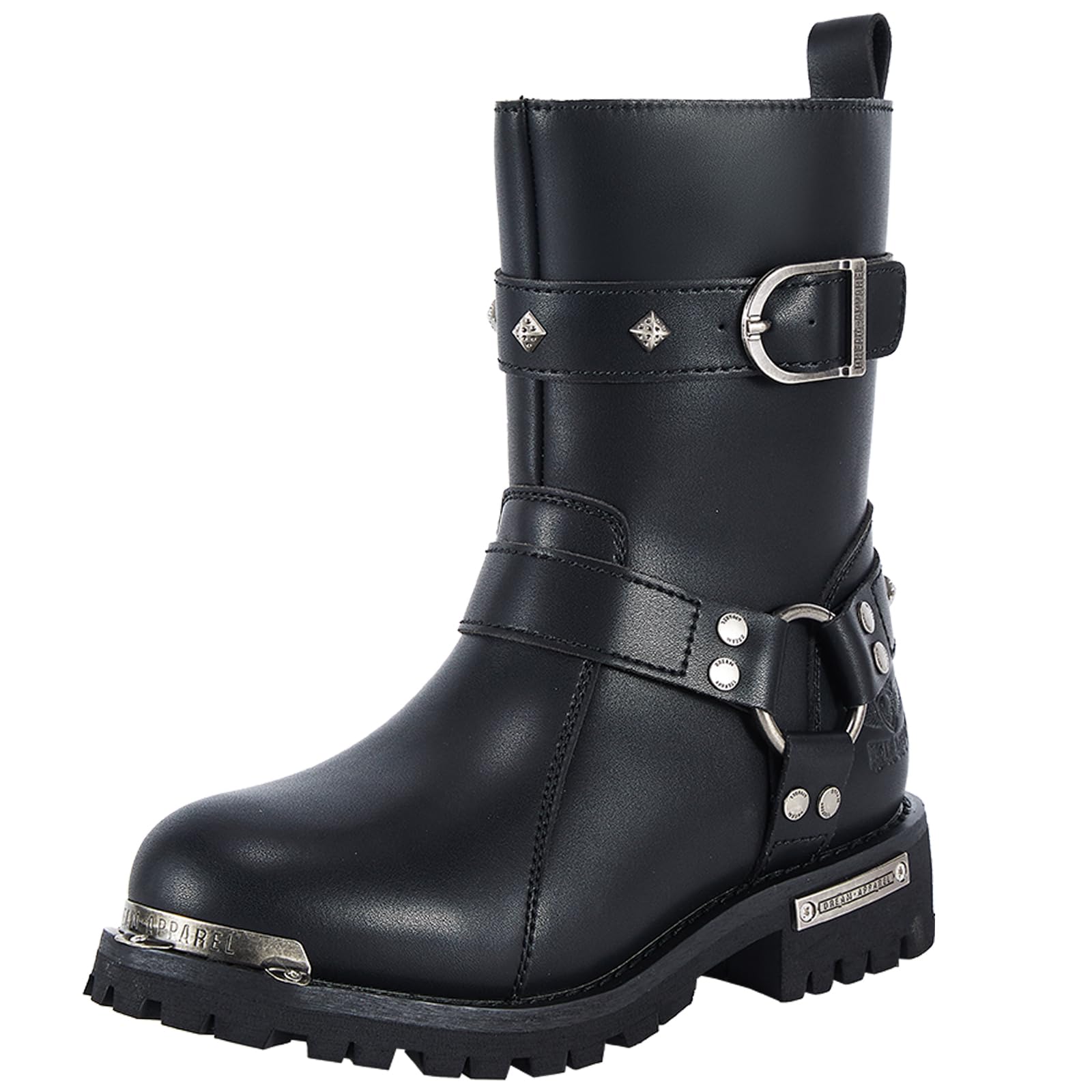 Dream Apparel Women PU Leather Harness Motorcycle Boots for Riding Waterproof Studded Biker Boots with Side Zipper Buckle