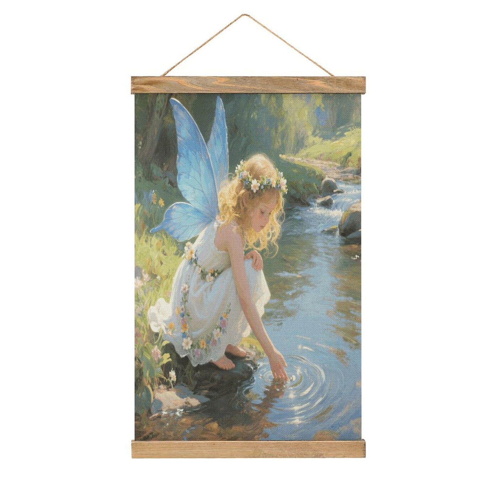 VstaDank Stream Water Flower Fairy Hanging Poster with Wooden Frame Modern Linen Hanging Painting Retro Style Wall Decor Art Painting for Living Room,Bedroom Decor Poster Frame 20.4x13.1inch