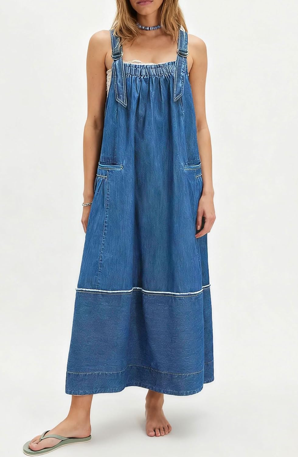 loveimgs Women Loose Straps Long Denim Overall Dress Maxi Jean Jumper Bib Overall Pinafore Dress Patchwork Pockets