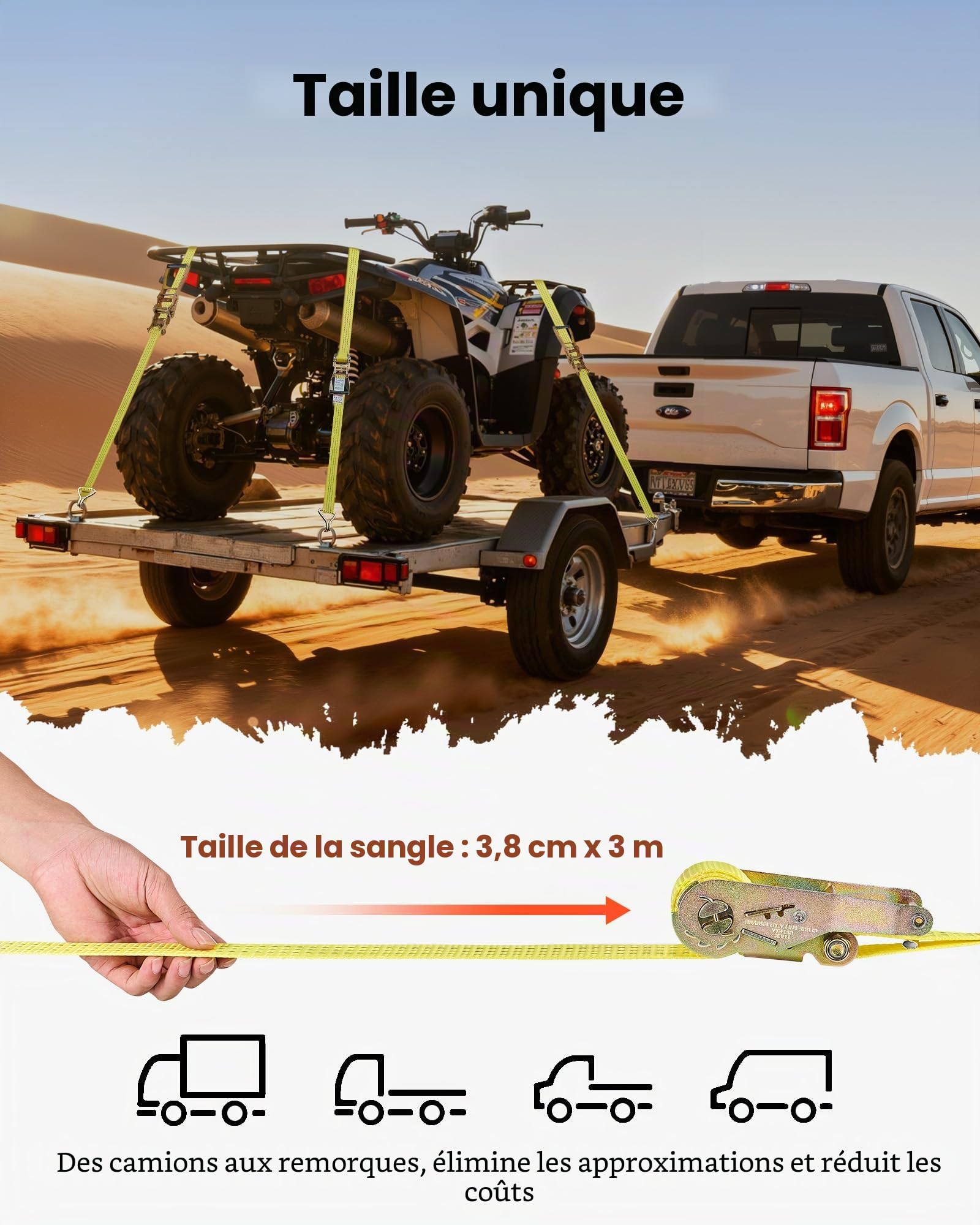 VEVOR Sangle à Cliquet 3,8 cm x 3 m Sangle d'Arrimage Lot de 4 Sangles de Chargement Fixation pour Déménagement Remorques Motos Kayaks Toit Voiture, avec Crochet Double J Résistance à Rupture 3000 kg