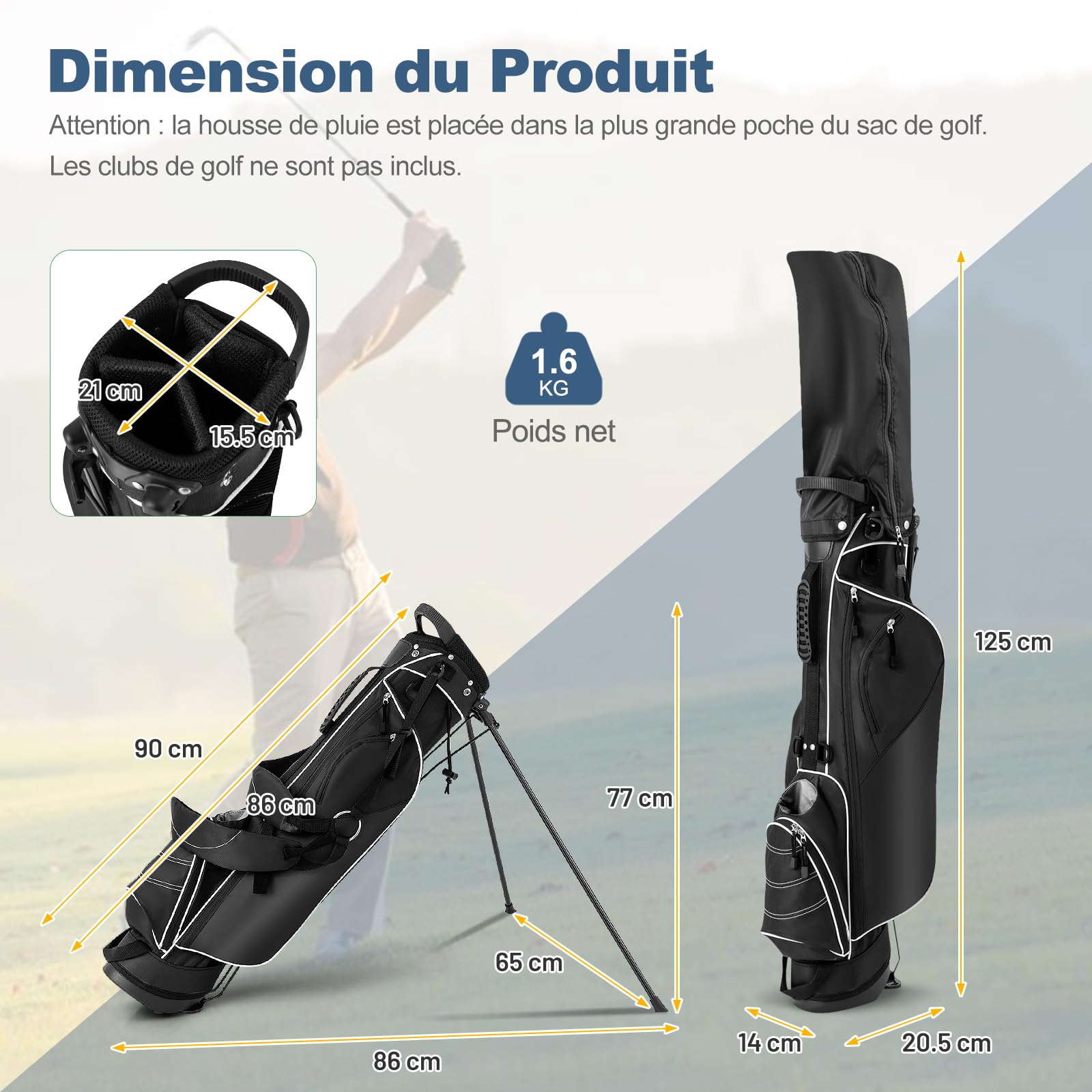 GOPLUS Sac de Golf Trépied Mixte avec Support Stand 7 Trous pour Homme - Léger Sac de Transport et Arrangement Noir
