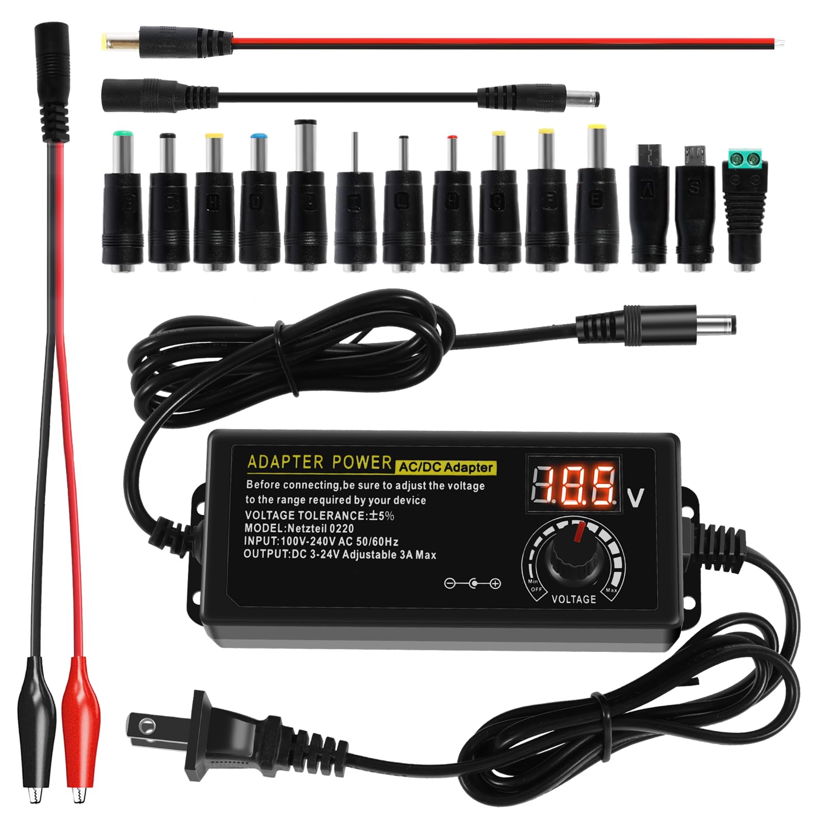 Universal Power Adapter Supply,Adjustable AC/DC Adapter Charger Switching,100V-240V AC Power Adapter Converter w LCD Voltage Display &14 DC Tips for