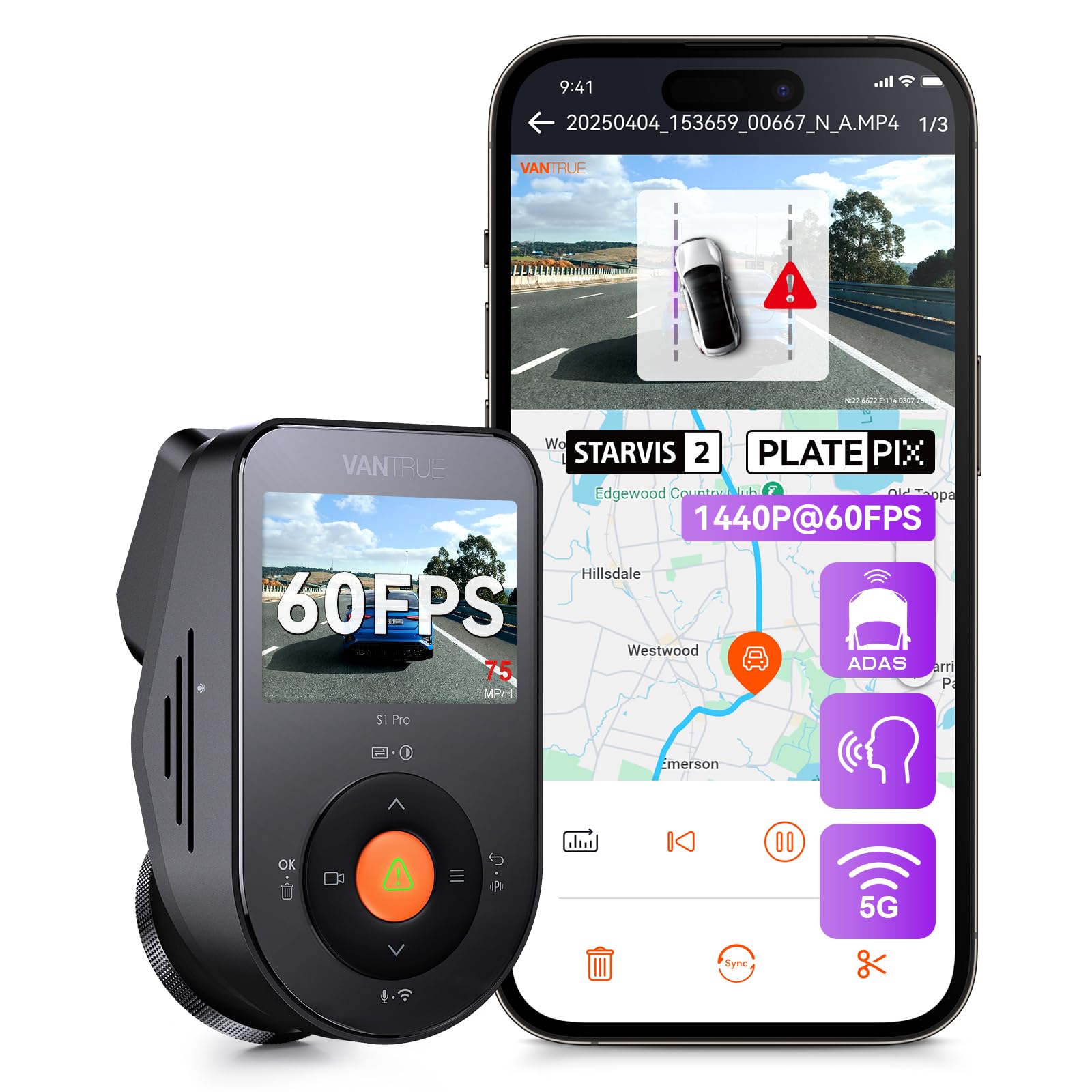 Vantrue S1 Pro Dash Cam anteriore STARVIS 2, 2.7K Mini Dash Camera per auto, ADAS, controllo app, GPS WiFi integrato, G-Sensor, registrazione in loop, visione notturna, modalità parcheggio 24h, 158°
