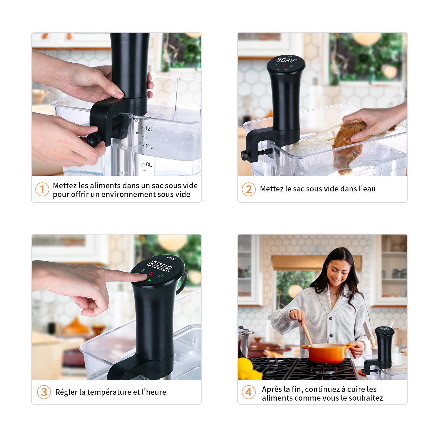 Cuiseur Sous Vide, Thermoplongeur Sous Vide, Circulateur d'Immersion de Cuisinière avec 0,1 ℃ Contrôle Précis de la Température, Circulation d'eau Silencieuse Puissante 3D, Nutrition