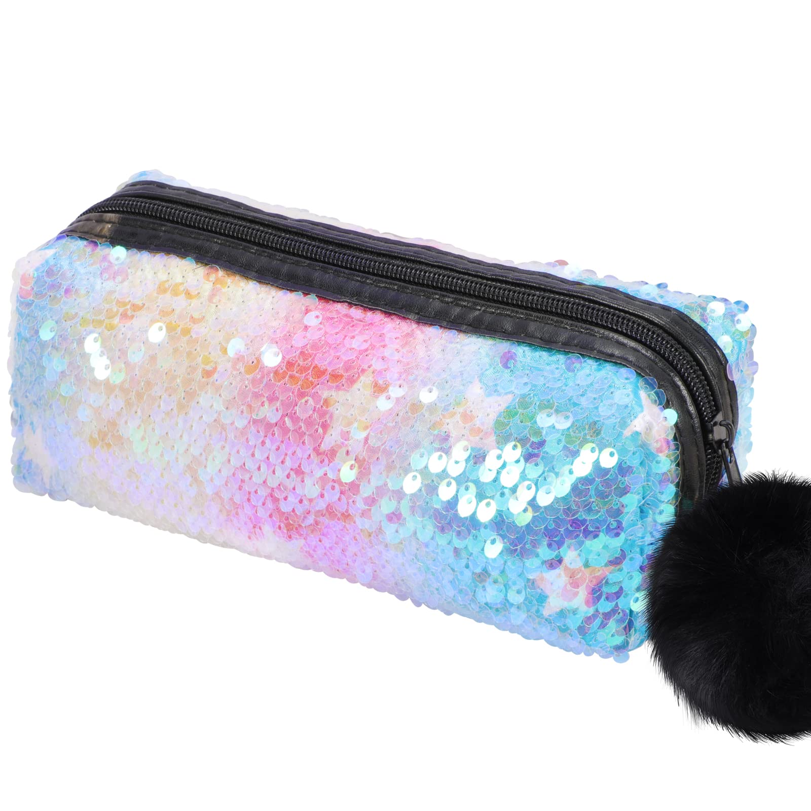 PHOGARY Sequin Preppy Pencil Case for Girls, Fluffy Zip Pull Pouch Bag Holographic Pen Case Sparkling School Stuff Shimmery Glitter Makeup Bag (Rainbow,Star), Rainbow-star, Make-Up Pouch