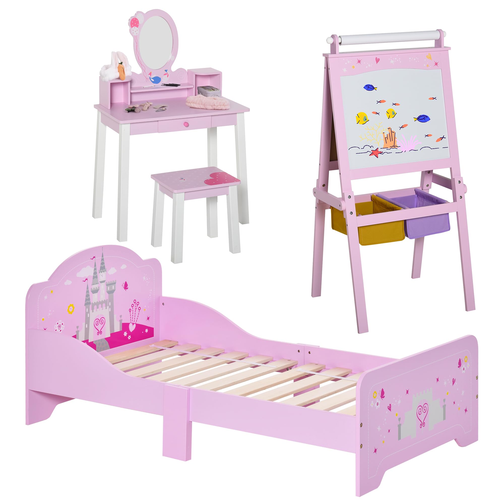 HOMCOM Set Mobili Cameretta con Letto per Bambini 3 in 1 in Legno Rosa