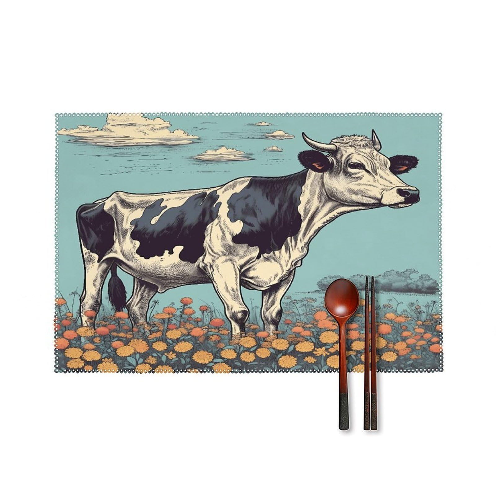 Btcowzrv Style Hand Drawn Cow Canvas Placemats Set Of 6, Wipeable Washable Place Mats For Indoor & Outdoor, Table Mat Decor For Kitchen Dining Party