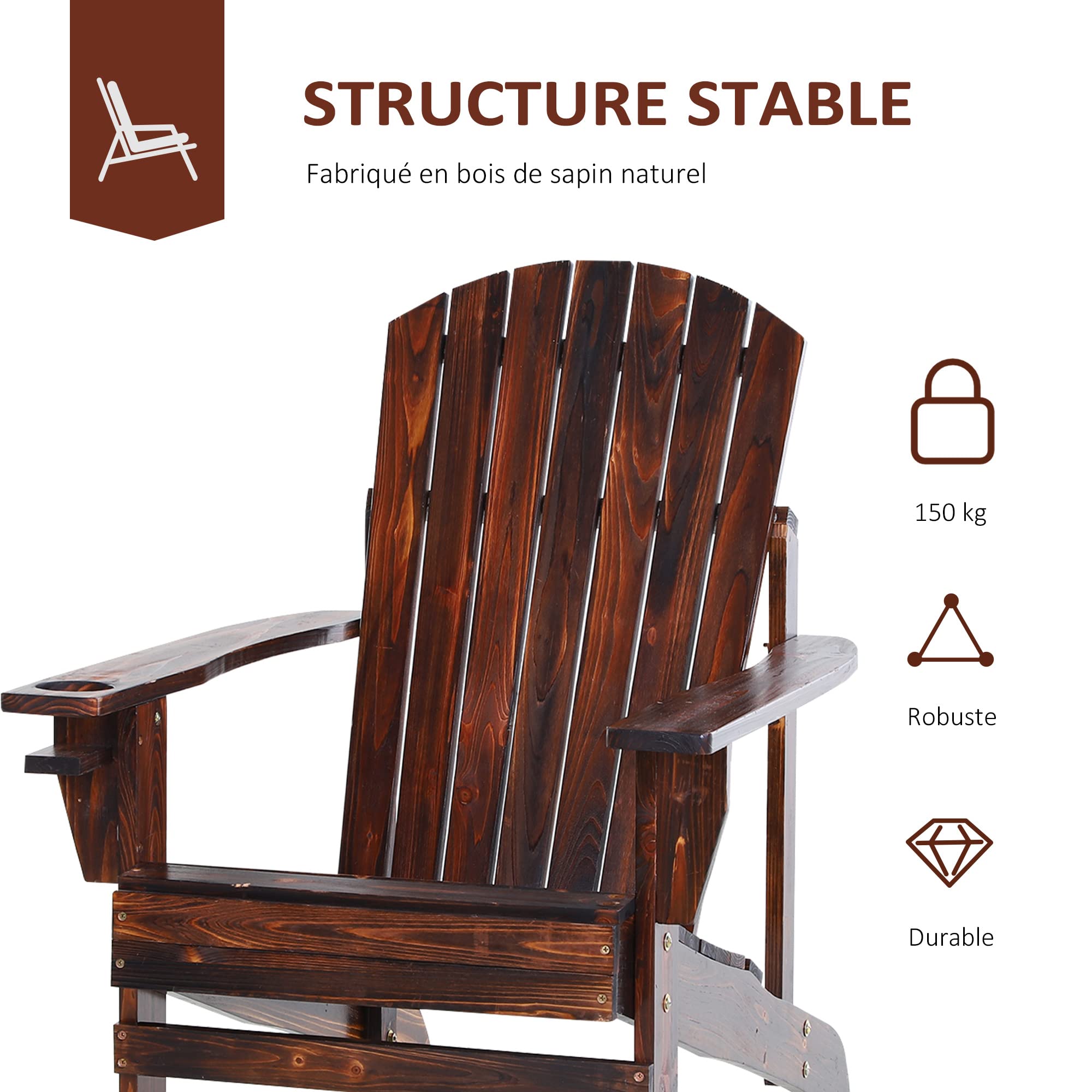 Outsunny Fauteuil de Jardin Adirondack Grand Confort Porte-gobelet intégré Bois de Sapin traité Peint Marron