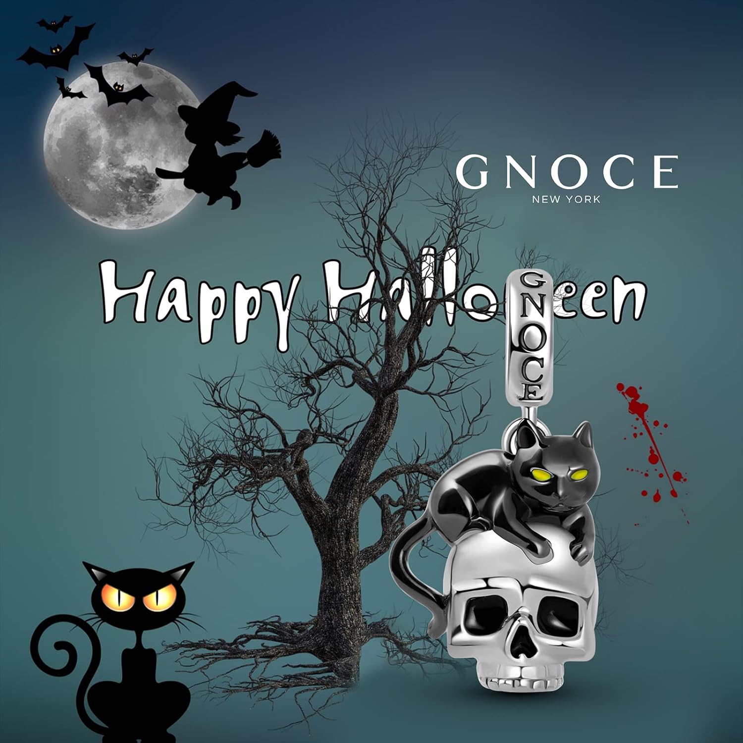 GNOCE Black Cat Skull Pendant Sterling Silver Gold Plated Dangle Charm Fit Bracelet/Necklace for Women - Image 3