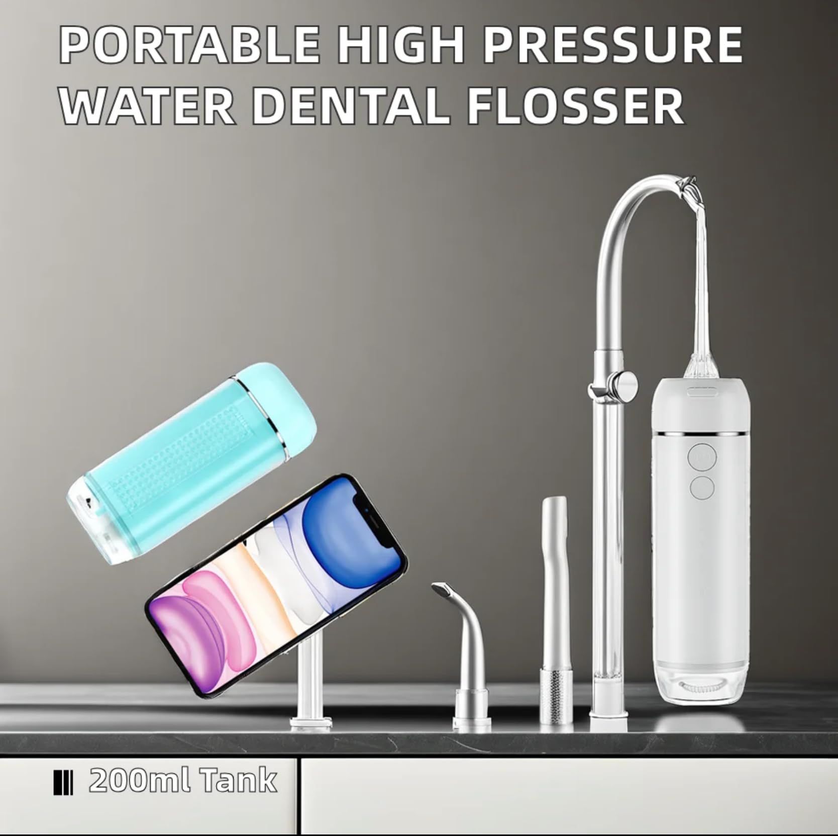Potente irrigador dental portátil inalámbrico de agua: recargable [2000 mAh Li-ion] Irrigador bucal para viajes y hogar, limpiador de máquina grande Vol tanque telescópico 5 modos IPX7 impermeable púa