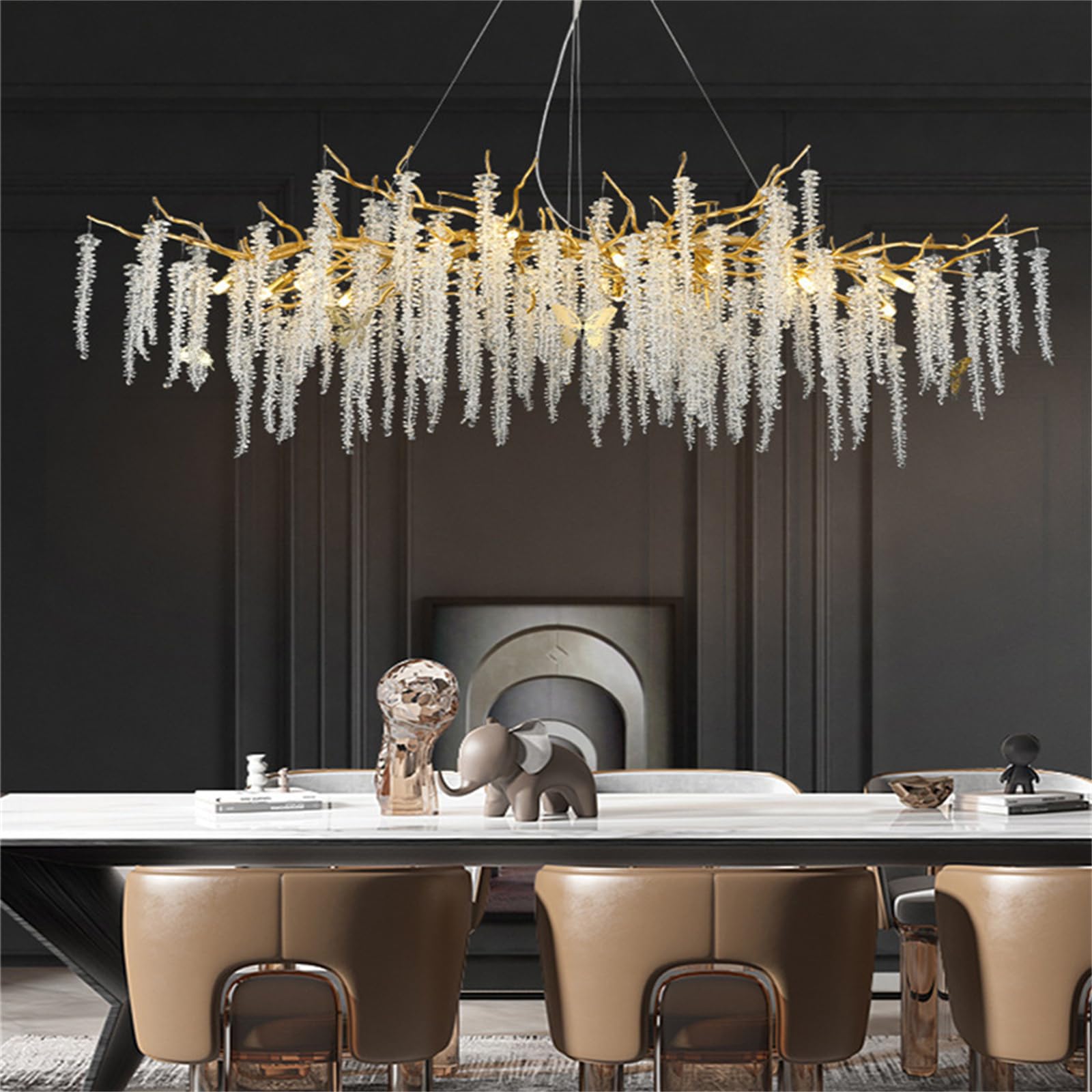SXECAEPS Modern creative chandelier Modern Gold Crystal Tree Branch, 14 Lights L120cm Large Rectangle Linear Art Deco Kitchen Island Lighting Fixture for Dining Room Living
