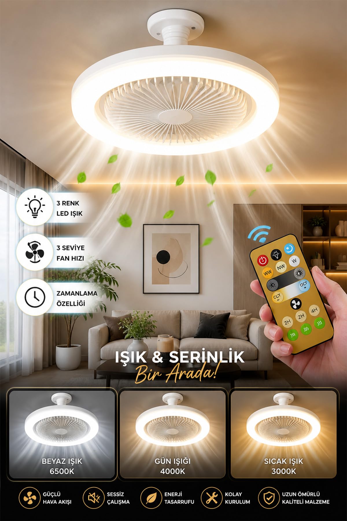 Neo Vista LED Tavan Vantilatörü Uzaktan Kumandalı 3 Kademeli Fan & 3 Renk Işık ve Zaman Ayarlı Modern Floresan Tip Lamba