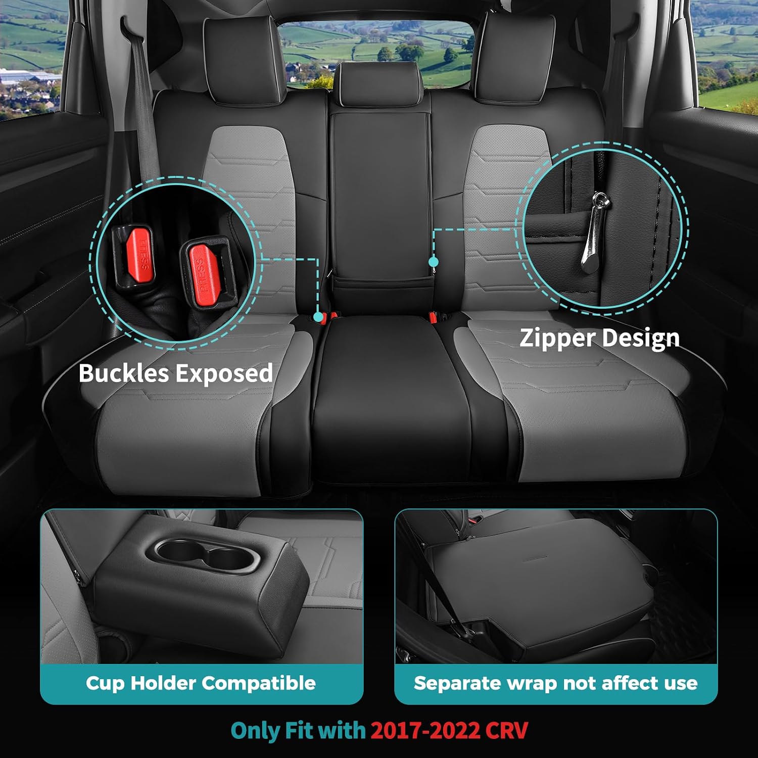 for Honda CRV Seat Covers 2022 2021 2020 2019 2018 2017, Faux Leather Car Seat Covers Full Set, Compatible with EX EXL LX Sport Touring Special Edition, Hybrid & Gas Models,BlackGrey